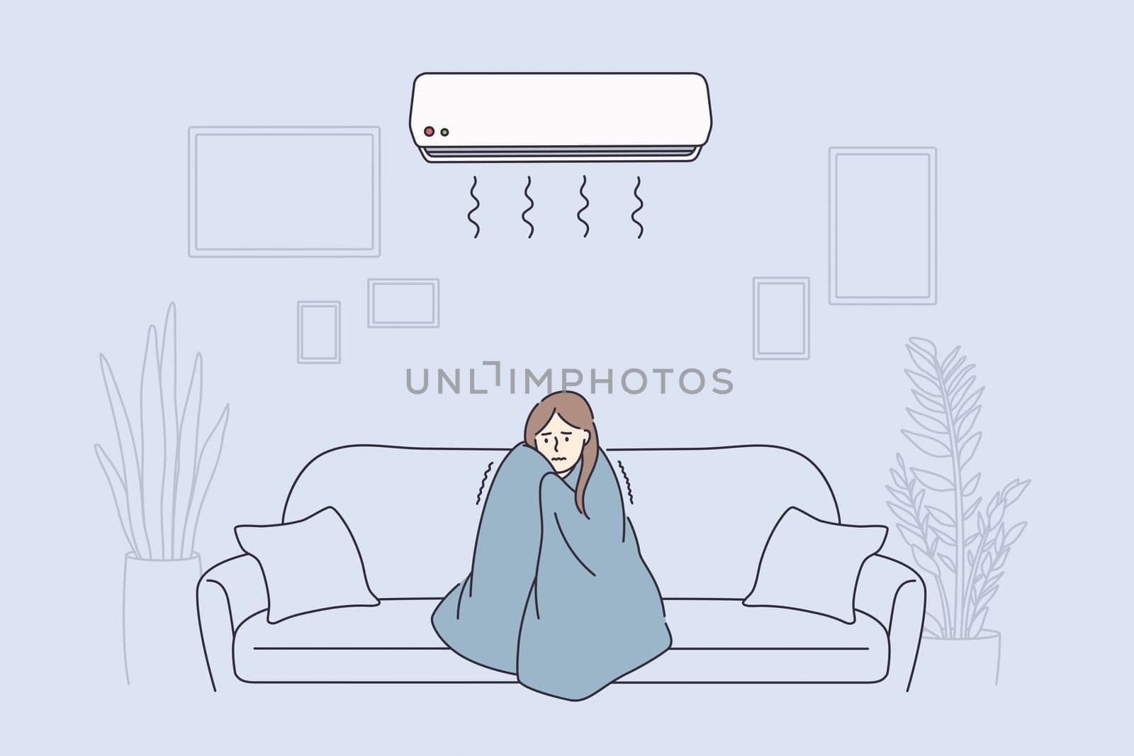Flu, Fever, feeling cold concept. Young sad woman cartoon character in warm blanket sitting on sofa feeling sick and fever at home vector illustration