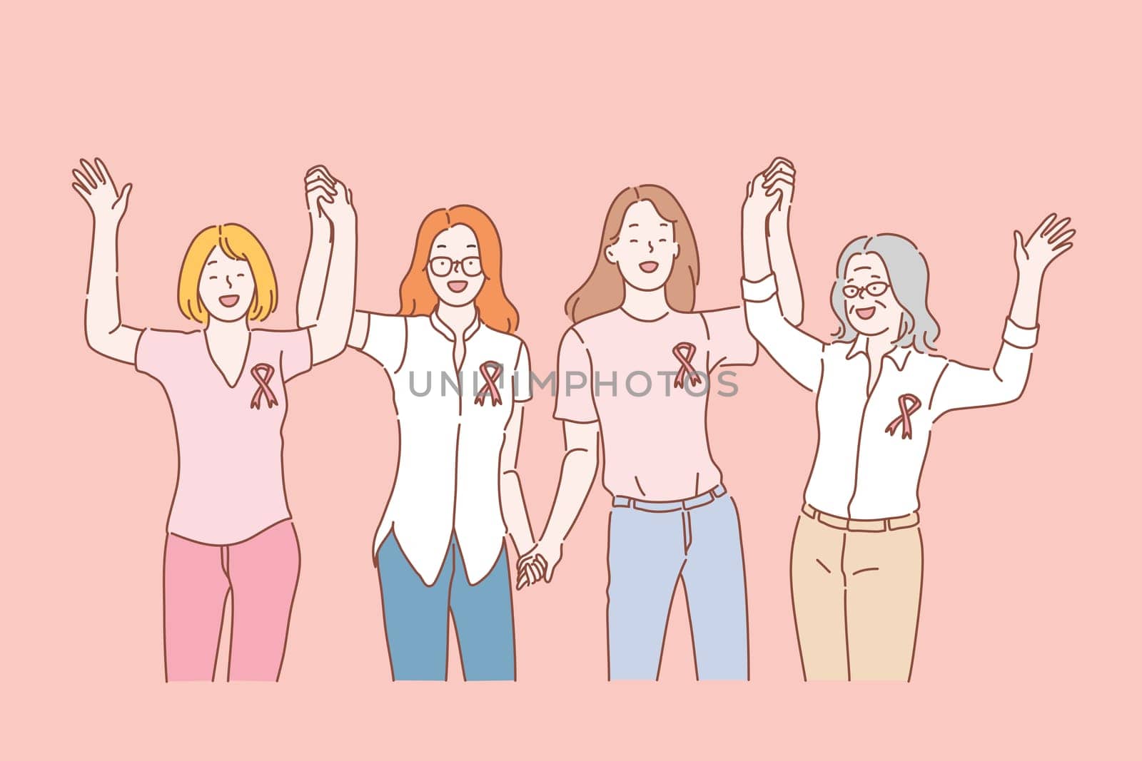 Health, breast cancer awareness ribbon concept. Young and old women and girls smiling with pink ribbons on their chests join hands to celebrate world disease day on October 15. Volunteering, supporting womans illness. Simple flat vector.