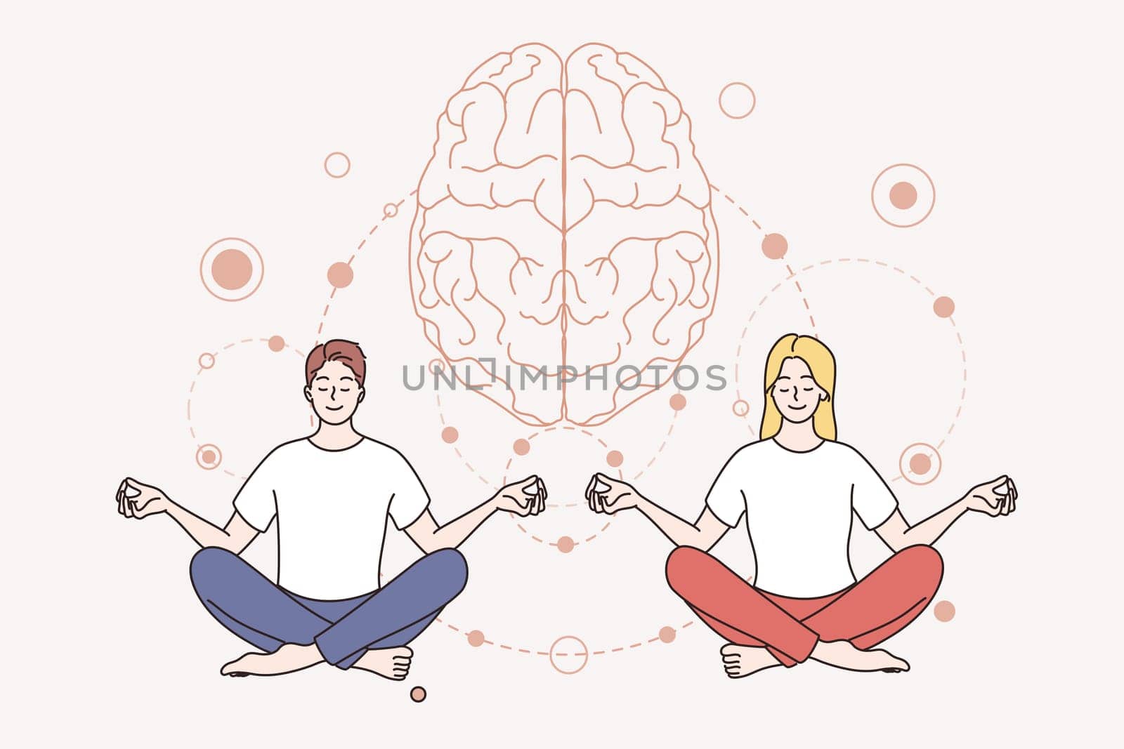 Meditation and mental health concept. Young smiling couple man and woman cartoon characters sitting meditation keeping mind in peace vector illustration