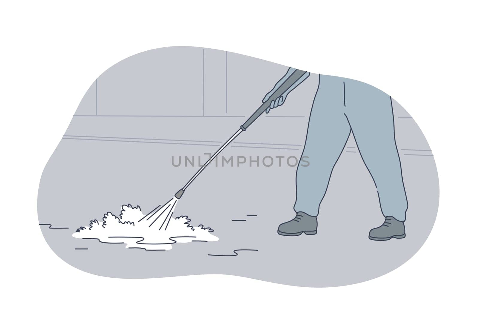 Desinfection, contamination, protection, coronavirus concept. Man worker cartoon character doing street cleanup from contagion. Preventive protective measures from bacterias and 2019ncov illustration.