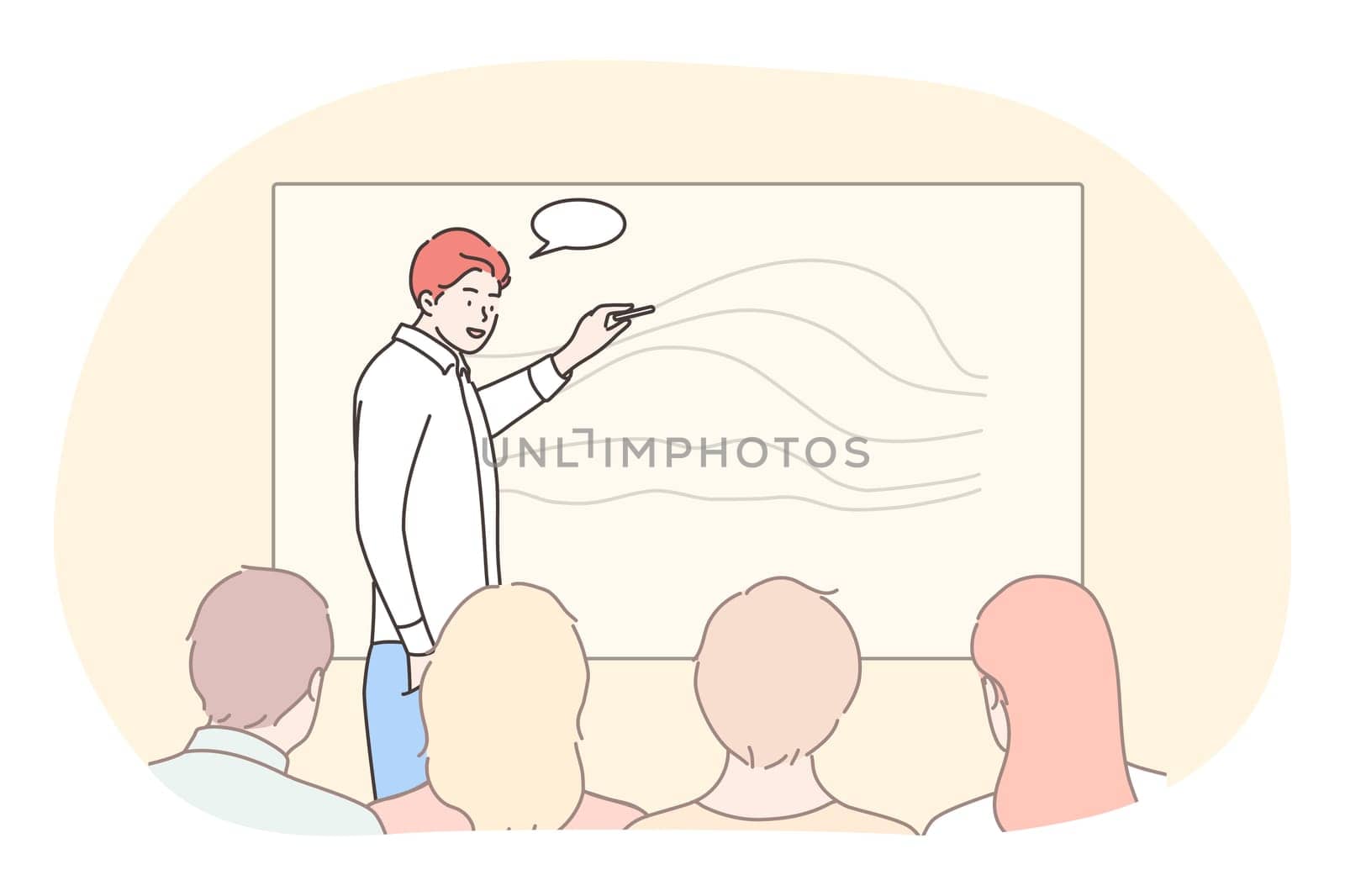 Business, education, presentation, meeting, conference, training concept. Businessman coach manager leader boss presenting corporate plan project to audience. Company briefing forum and discussion.
