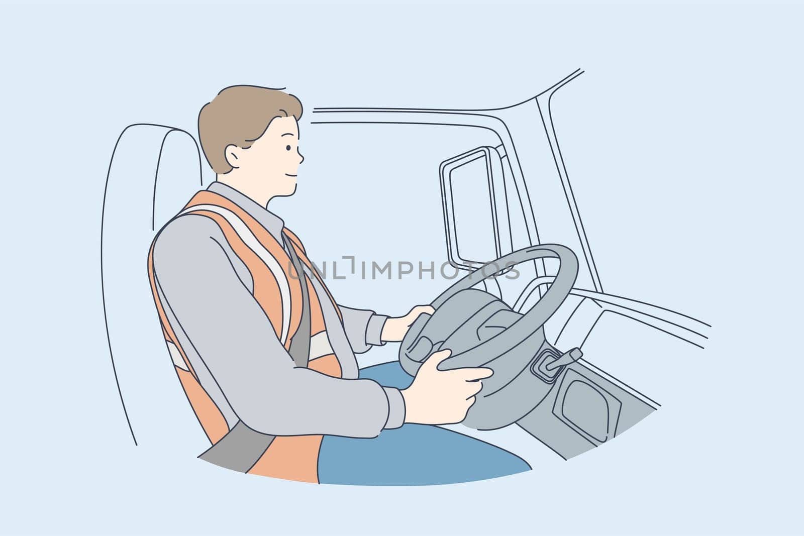 Delivery, driving concept. Young man or boy car driver cartoon character. Truck driver sitting in cabin of vehicle looks on road. Delivering services transportation and trucking industry illustration.