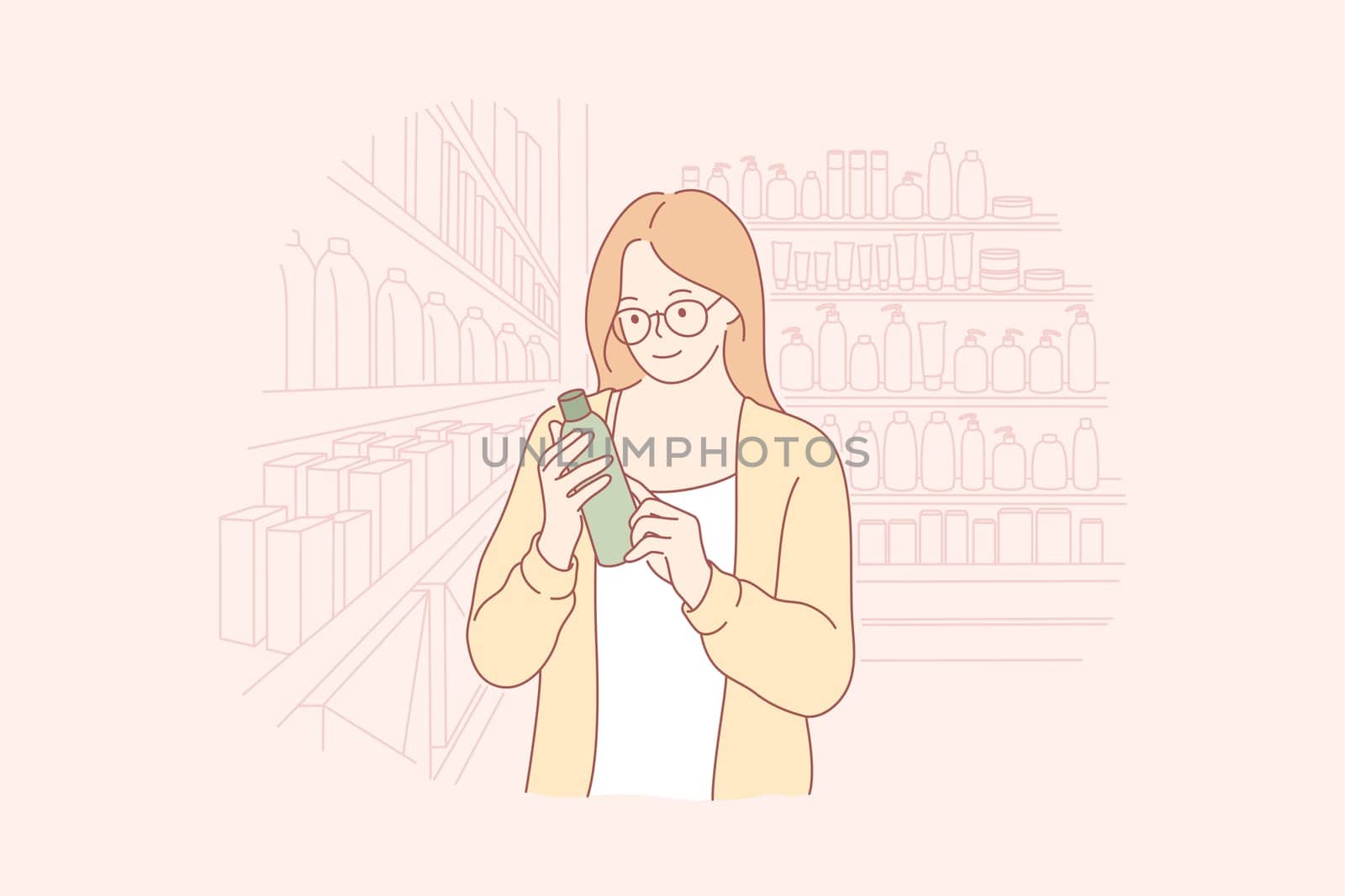 Shopping, beauty, eco cosmetics concept. Young happy woman shop assistant or buyer cartoon character holding bottle of toiletry assortment in shop. Skincare and ecological makeup products choosing.