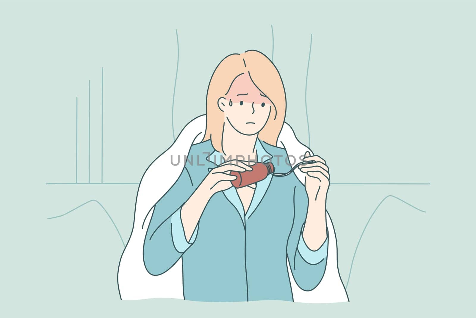 Health, care, desease, cold, medicine concept. Young sad ill sick wman girl cartoon character in blanket pouring antipyretic or cough syrup from bottle to spoon at home. Medical support and treatment.