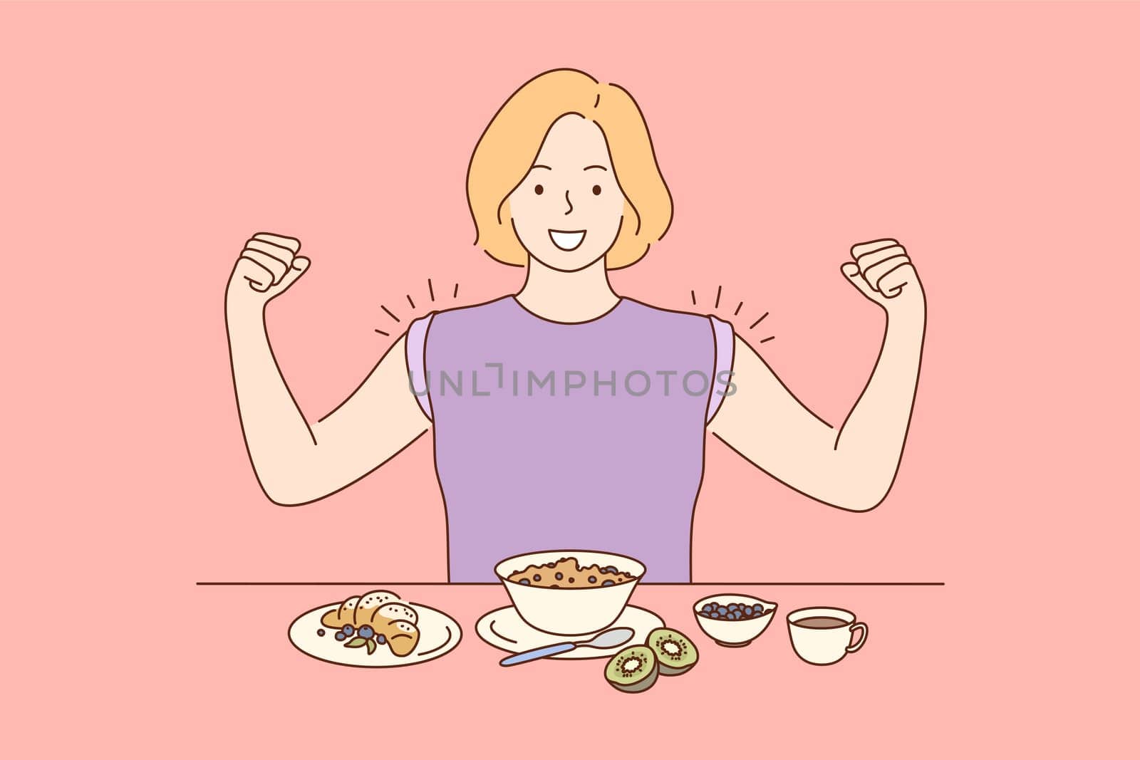Health, care, food, diet concept. Young happy miling cheerful woman girl cartoon character eating breakfast dinner lunch supper showing muscles. Dieting healthy lifestyle loosing weight illustration.