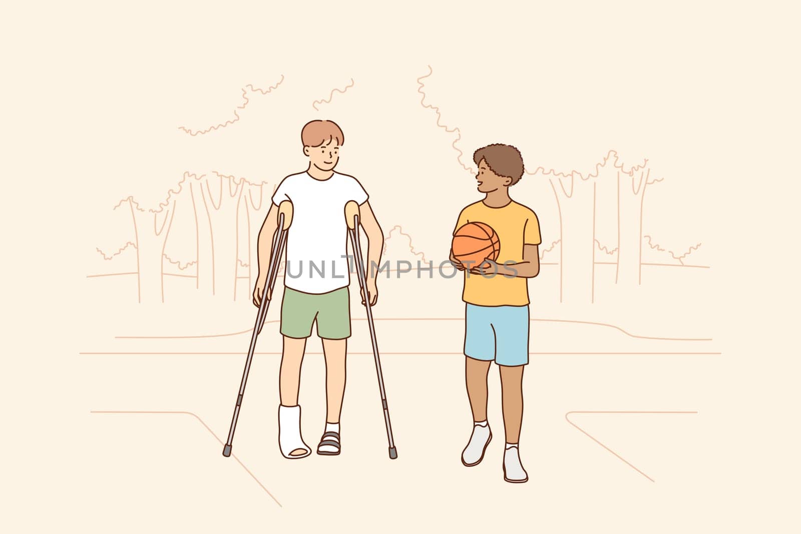Health, care, sport, basketball, friendship concept. Young boys children african american guy holding ball and disabled friend with crutches walking together. Friendly support and rehabilitation.