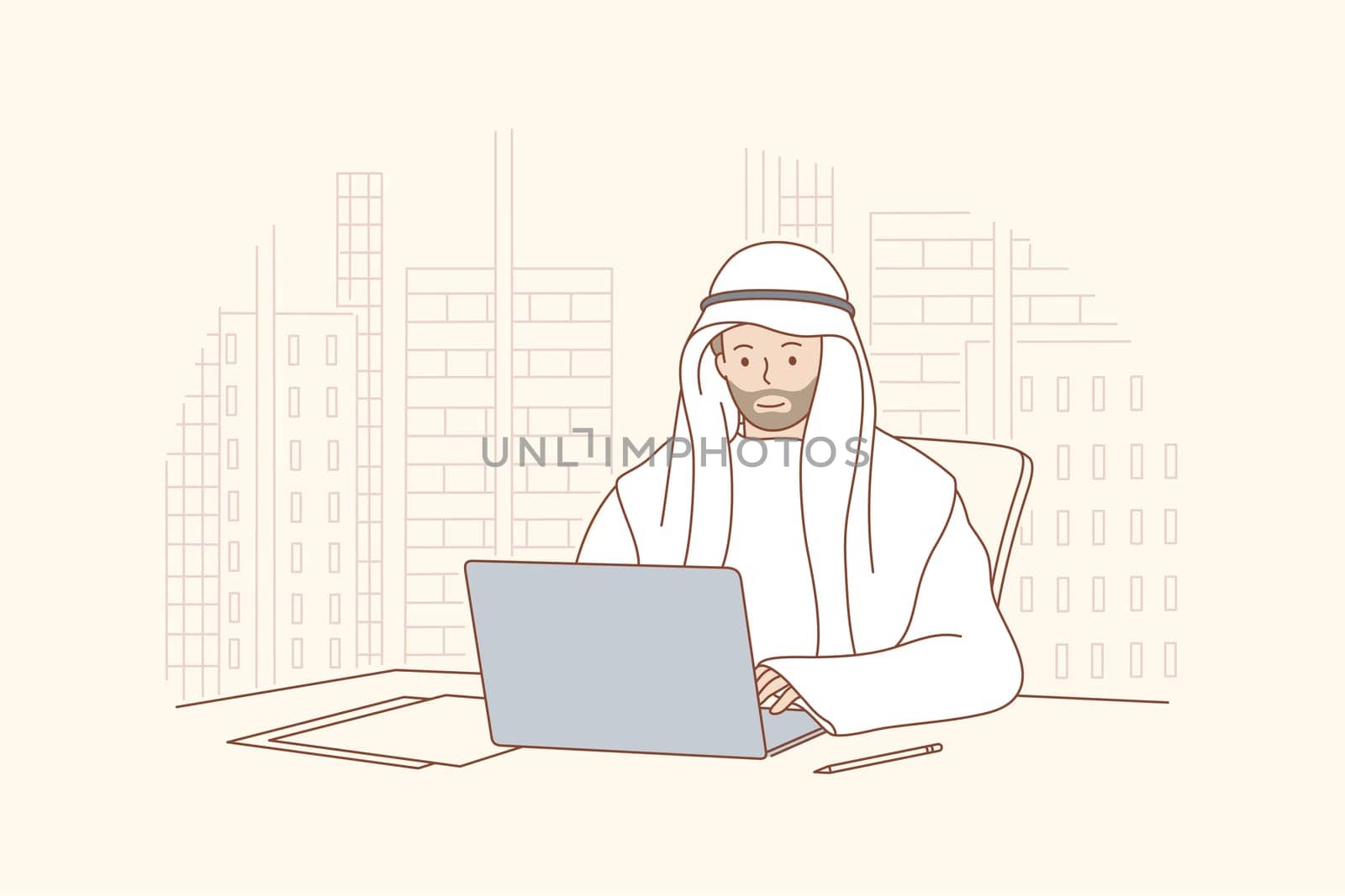 Arab man works in office concept. Smiling happy arabic businessman muslim clerk manager cartoon character sitting at laptop in a modern office wearing traditional attire. Business working process.