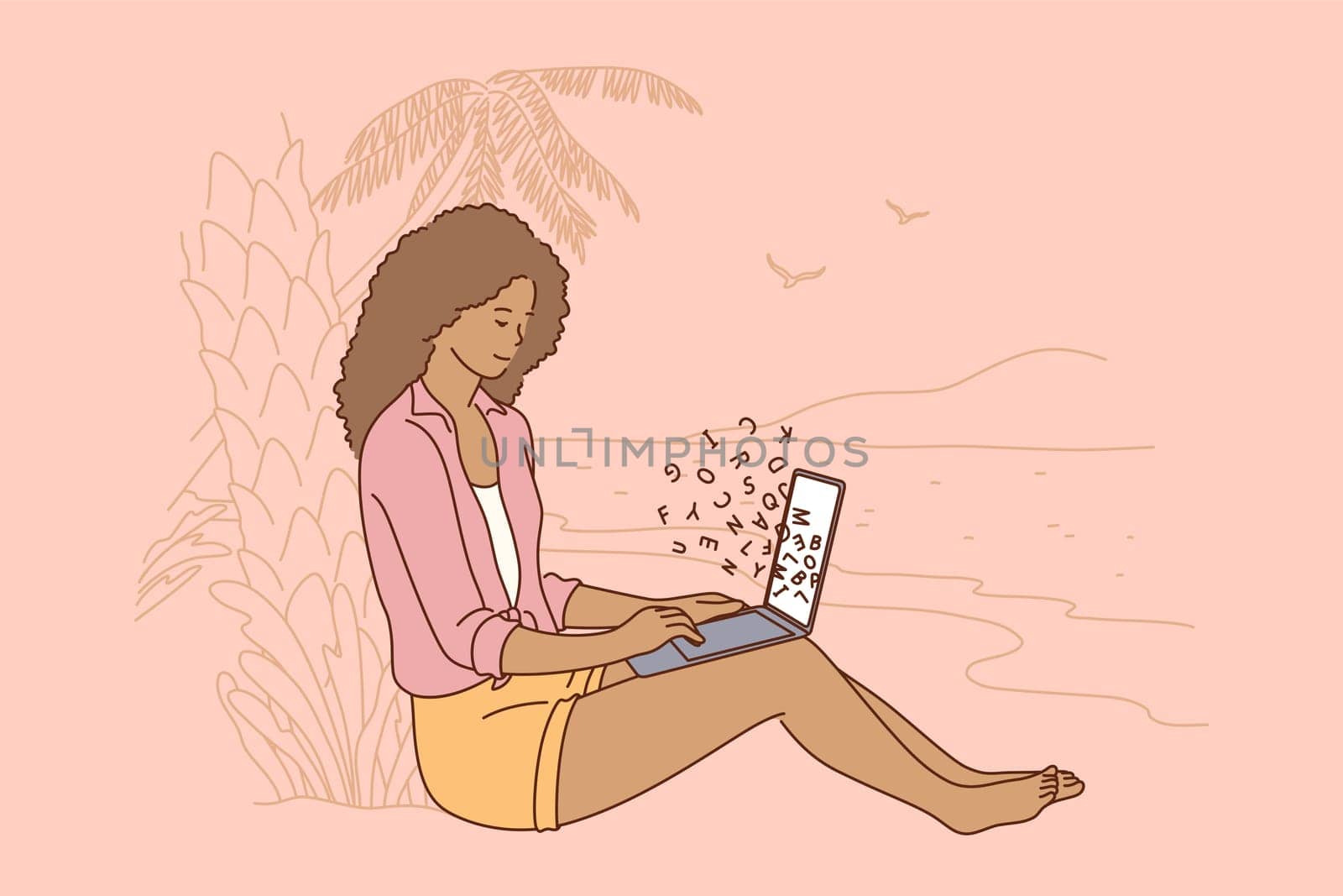 Business, freelance, recreation, vacation concept. Young happy smiling afrcian amercian businesswoman girl freelancer sitting on coast beach working laptop. Active lifesstyle recreation and travelling