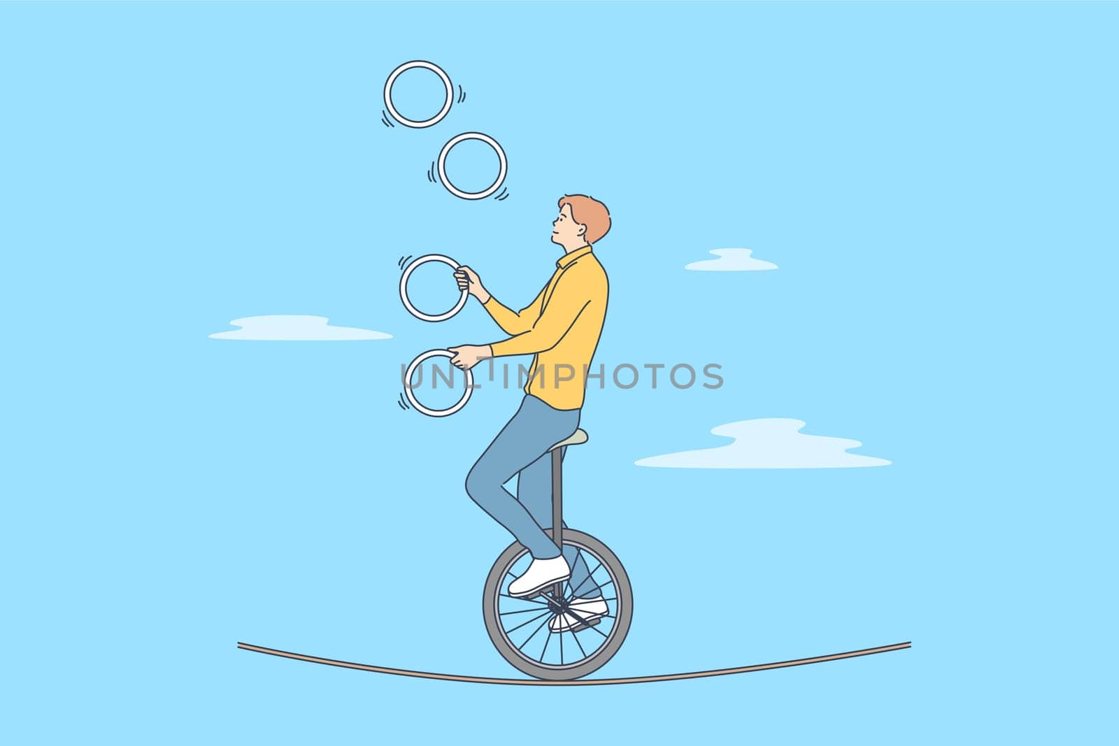 Perfomance, sport, art, acrobatics, air concept. Young professional man guy boy acrobat athlete juggler gymnast character with clubs riding unicycle on rope in circus. Active entertainment for people.