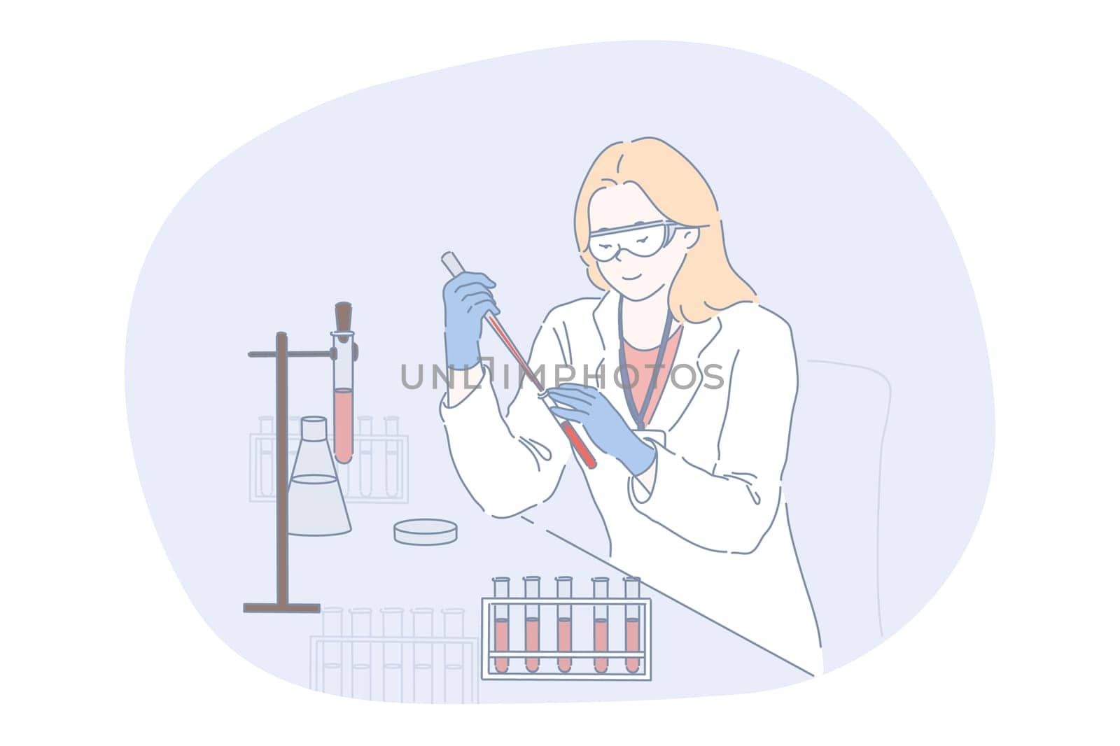 Science, chemistry, coronavirus, analysis, experiment concept. Woman scholar medical lab worker making chemical reaction in laboratory. Scientific test academic research or vaccine covid19 creation.