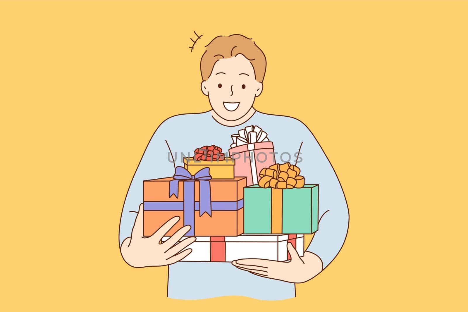 Holiday, gift, celebration concept. Young happy cheerful smiling excited man guy boy cartoon character holding carrying many presents. New year christmas or birthday gifts giveaway illustration.
