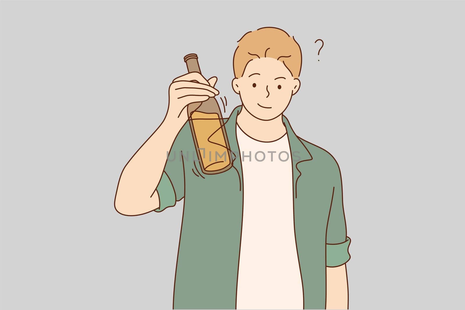 Drink, alcohol, celebration, congratulation concept. Young happy smiling man guy boy alcoholic holding bottle of beer and raising toast. Cheers on party and relaxation beverage addiction illustration