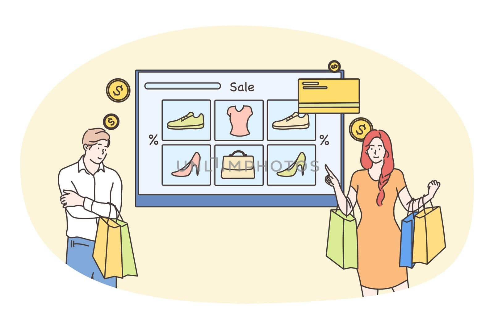 Technology, promotion, marketing, shopping, sale concept. Young couple man and woman customers buyers choosing garment clothes making payment online. Web catalogue and digital purchase illustration.