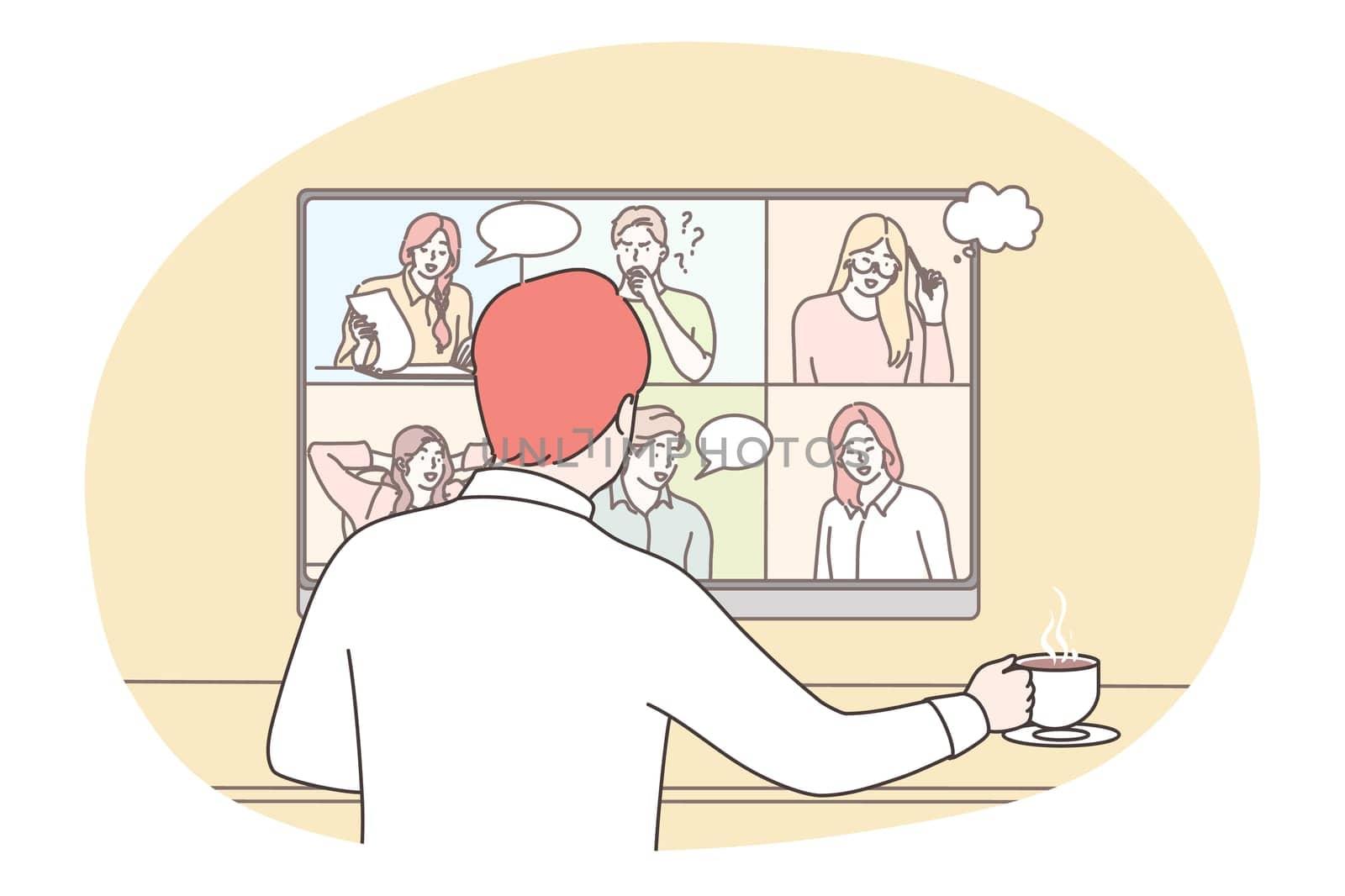 Business, online, seo, conference, meeting, communication concept. Businessman manager clerk communicating with employees colleagues online. Remote working process brainstorming on covid19 quatantine.