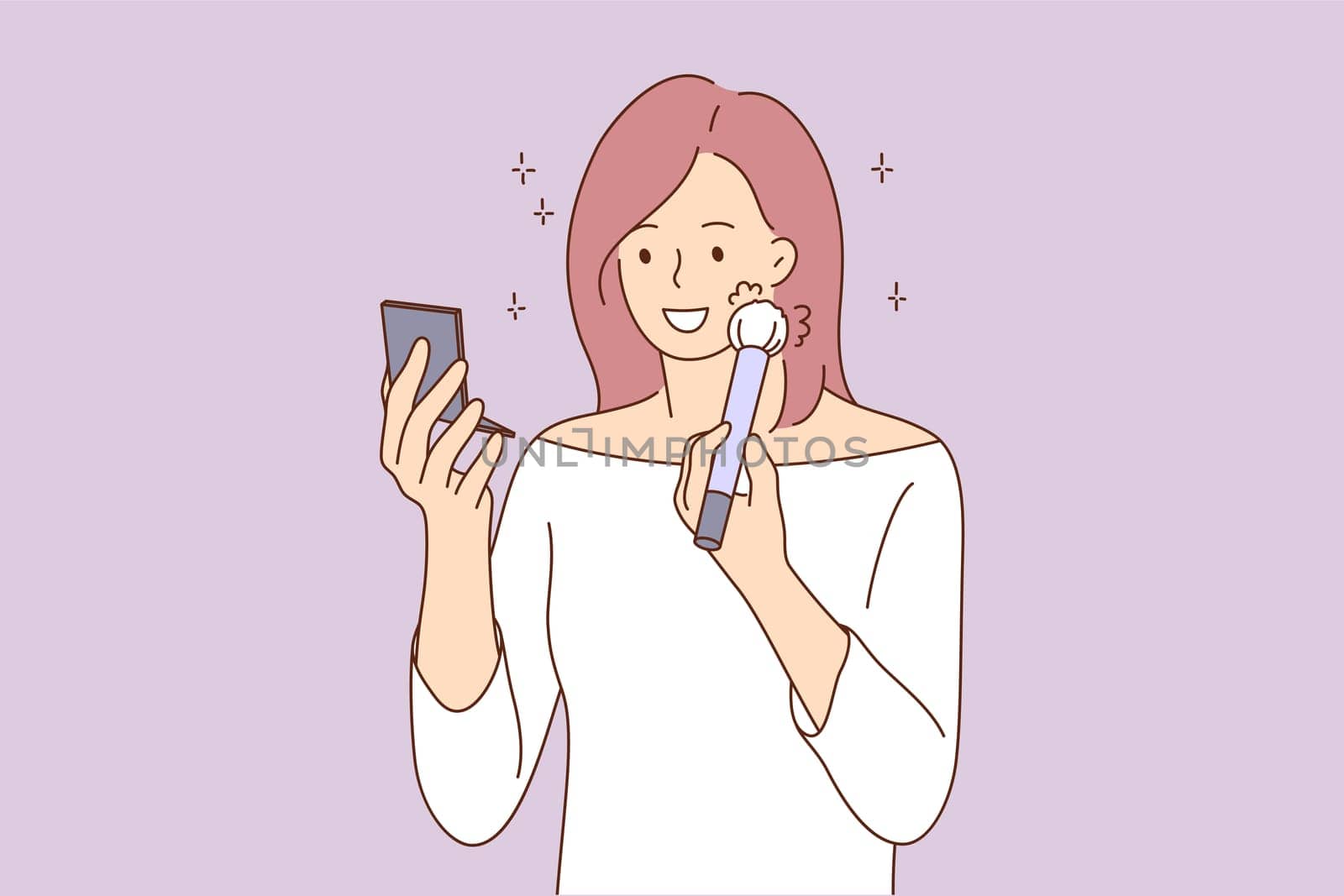 Beauty, skincare, makeup, cosmetology concept. Young happy smiling beautiful woman girl cartoon character making eyeshadow and blushes, preapring to date. Healthy lifestyle and fashion illustration.