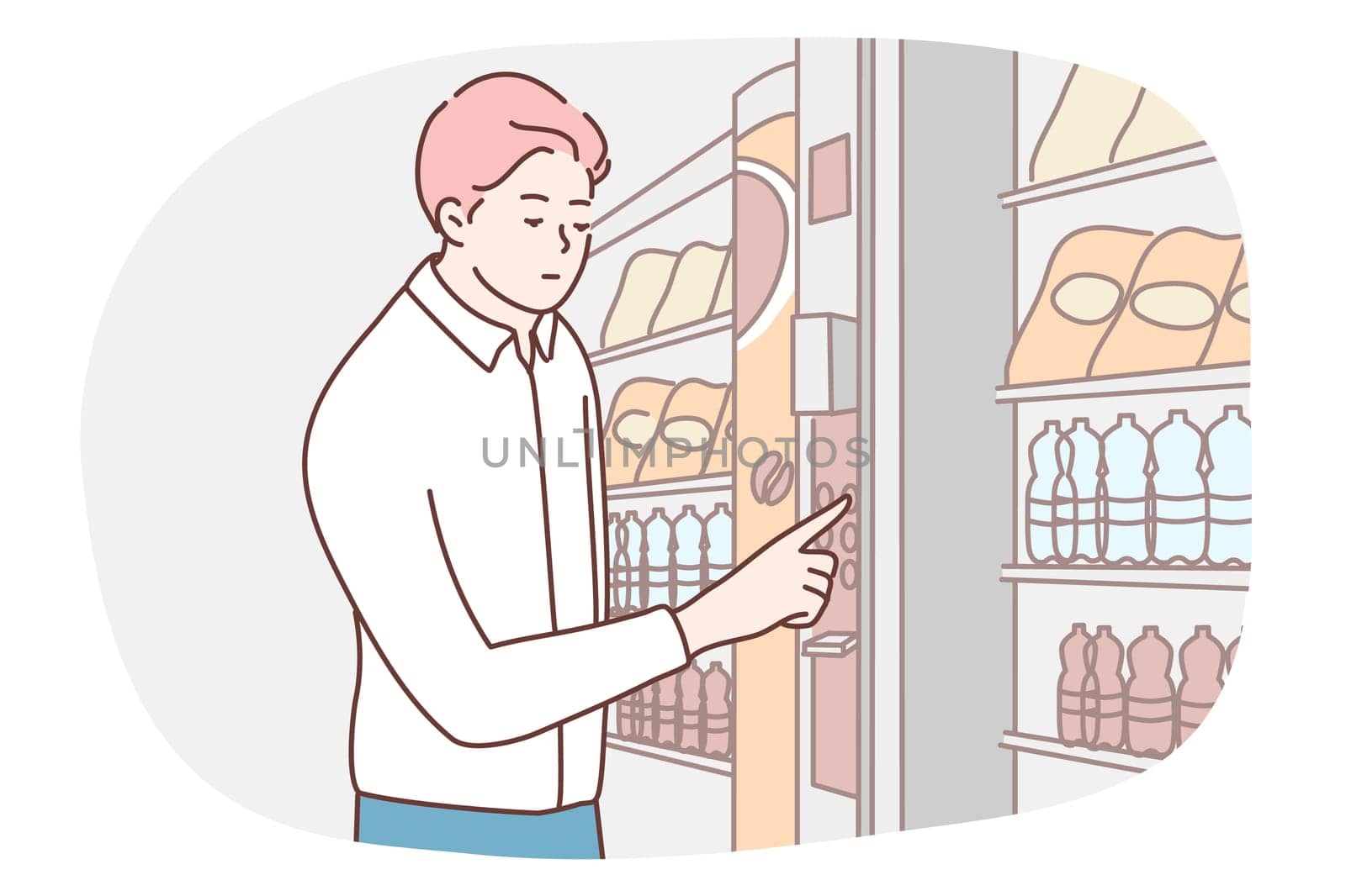 Lunch, hunger, selection, technology, business concept. Hungry businessman manager customer purchaser buying crisps drinks at electronic vending machine. NFC service pay technologies illustration.