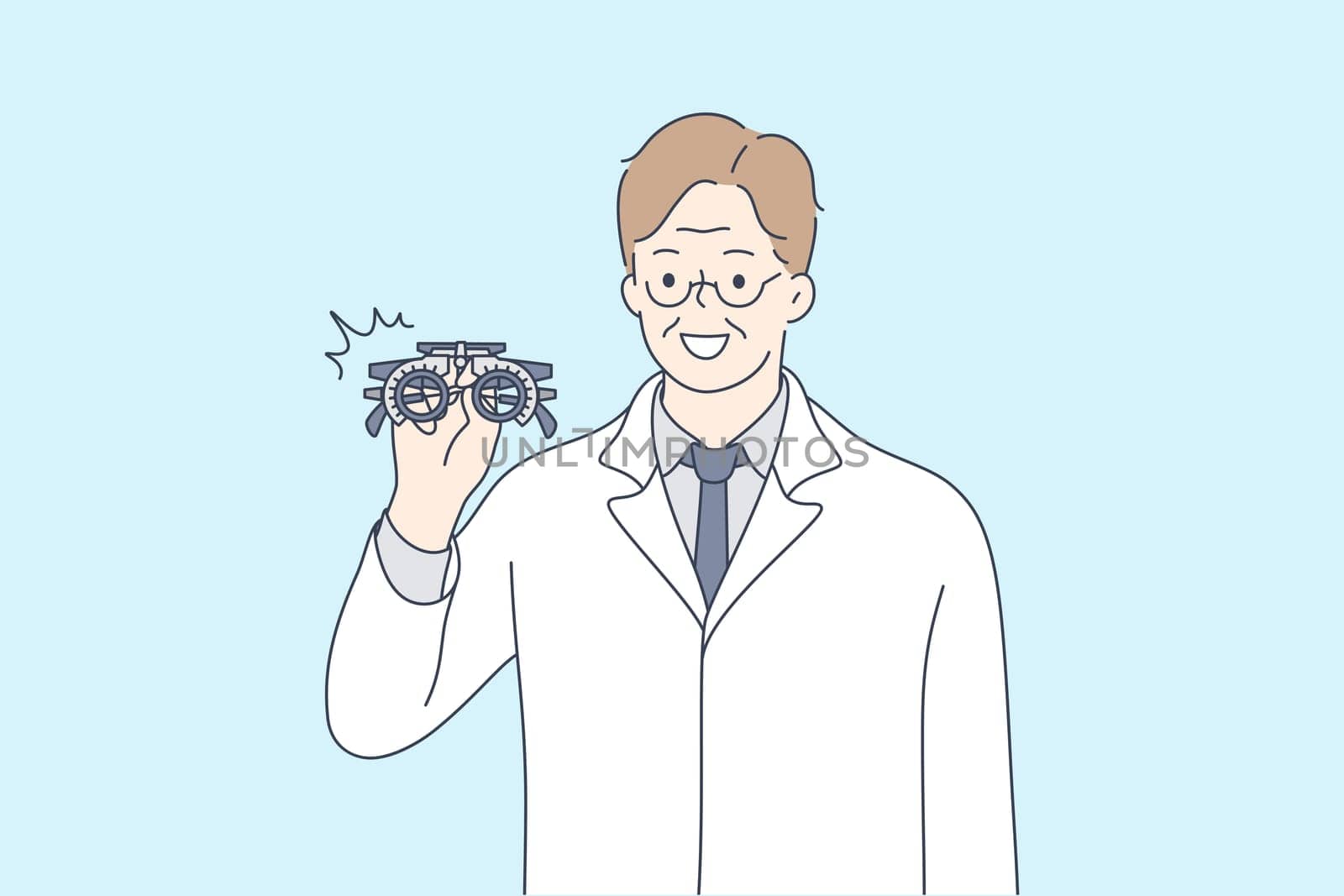 Health, care, medicine, optics, vision concept. Old happy smiling man doctor cartoon character holding optometrist eyeglasses. Medical examination support and help for saving eyesight illustration.