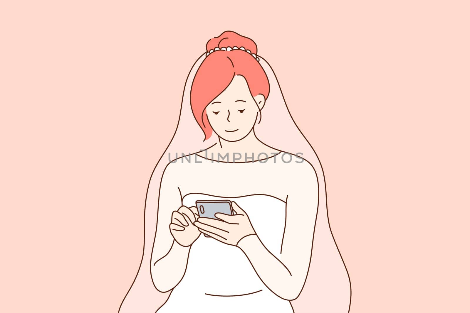 Communication, wedding, technology, media concept. Young happy smiling woman girl bride cartoon character sits using smartphone for social network and sharing news. Digital technologies illustration.