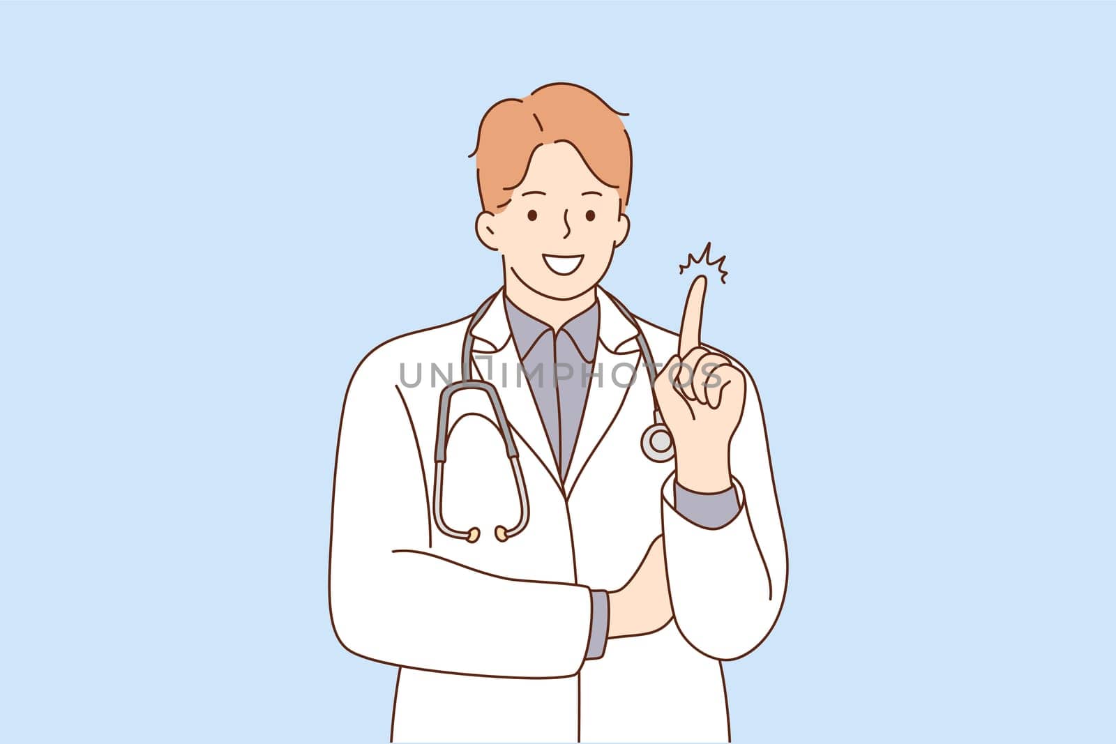 Health, care, denial, prohibition concept. Young happy smiling doctor hospital worker cartoon character standing saying No with finger sign. Rejection denying treatment or medical support illustration