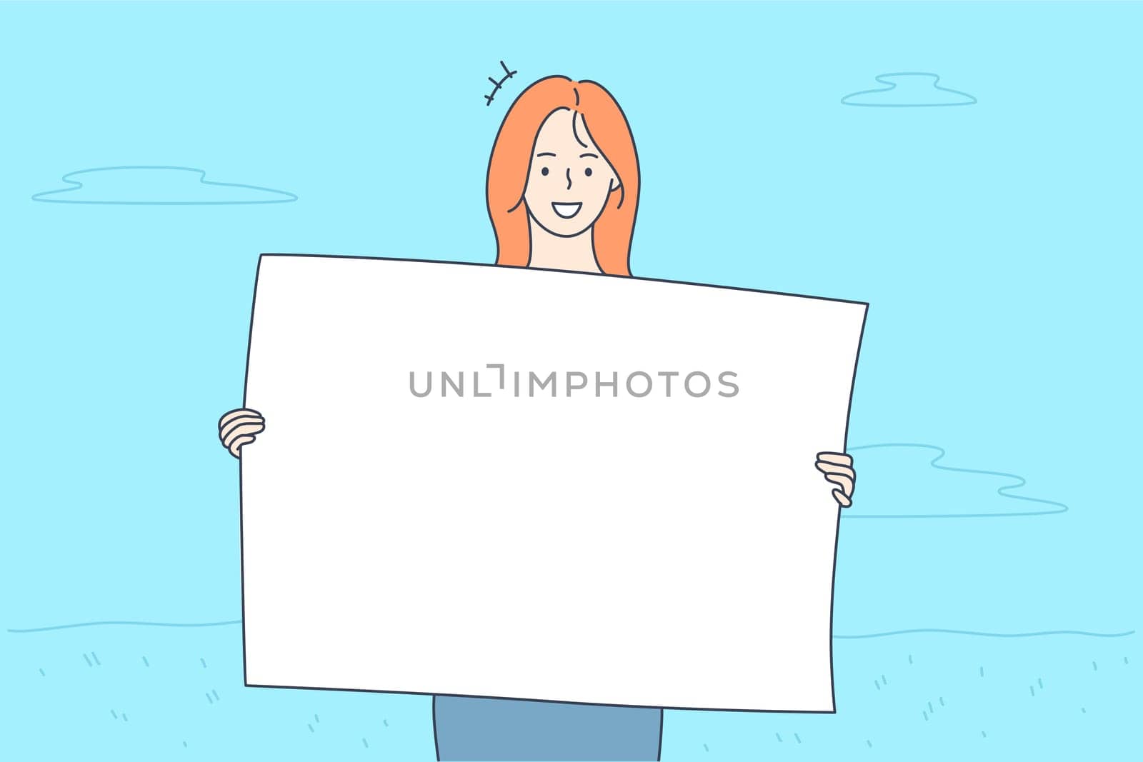Promotion, business, advertising, protest concept. Young happy smiling businesswoman clerk manager girl cartoon character protestor holding banner in hands looking at camera. Corporate promo ads.