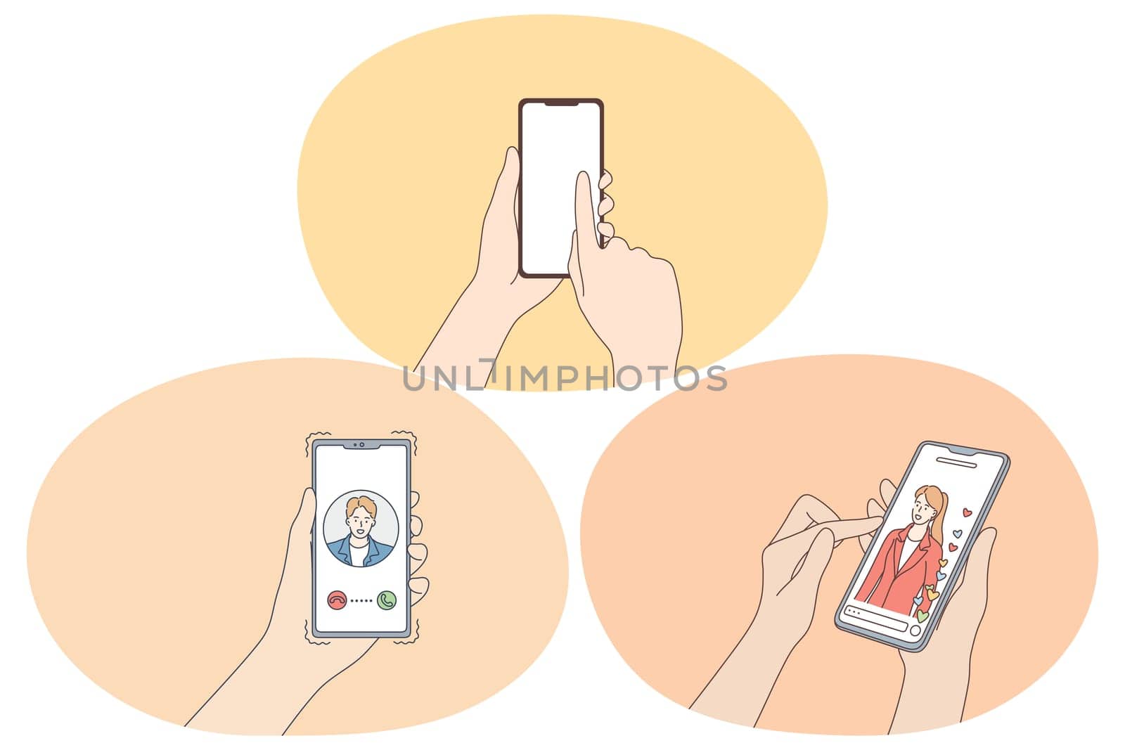 Online dating and application for chatting and communication concept. Hands of people with smartphones choosing potential partners and looking for profiles in online dating applications