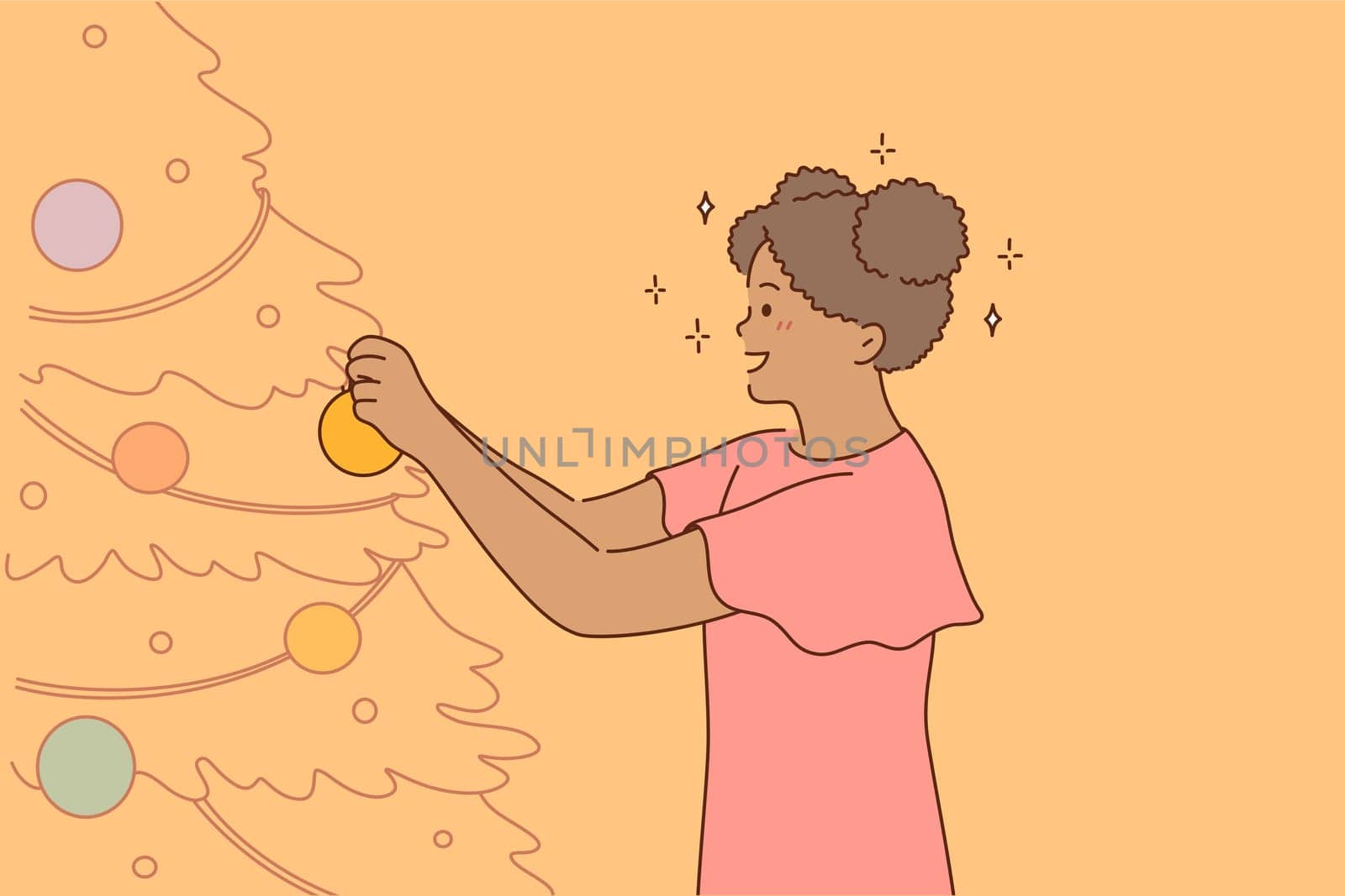 New year, decoration, celebration, holiday concept. Young happy african american girl child kid cartoon character standing decorating christmas tree at home. Festive mood and winter eve illustration.