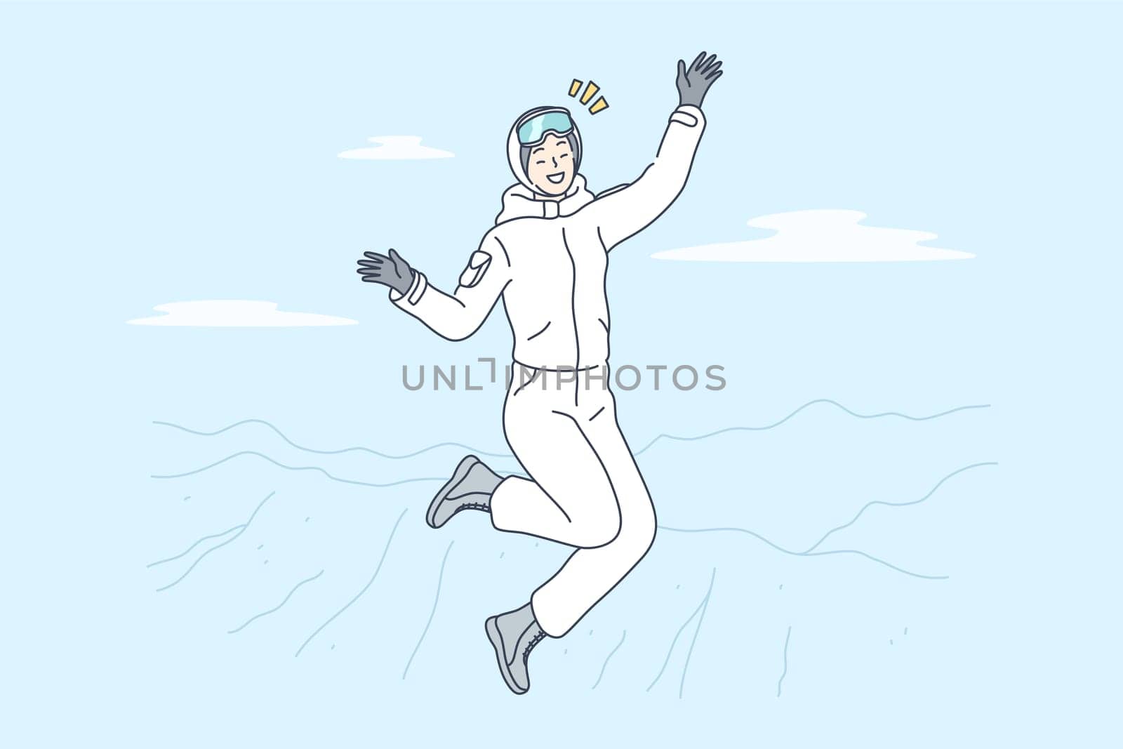 Travelling, mountaineering, tourism, success, goal achievement concept. Young happy smiling woman tourist traveler cartoon character jumping on mountain peak. Reaching purposes and active lifestyle.