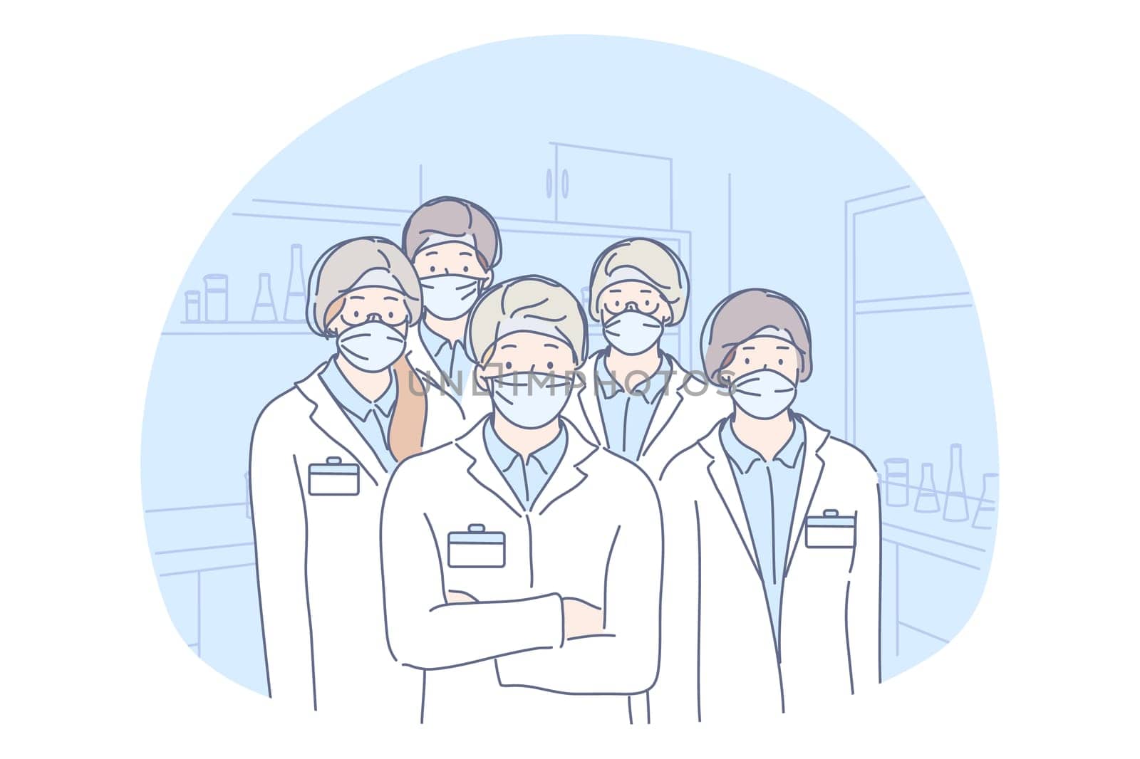 Healthcare, medicine, infection, coronavirus, protection concept. Group or team of men and women doctors lab workers scientists colleagues with medical face masks illustration. Covid19 desease danger.