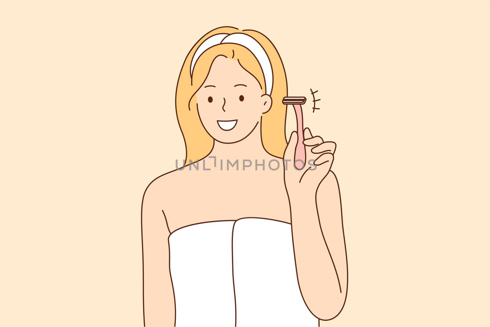 Beauty, fashion, skincare, advertising concept. Young happy smiling woman girl cartoon character standing holding razor looking at camera. Hair depilation ads and cosmetics promotion illustration.