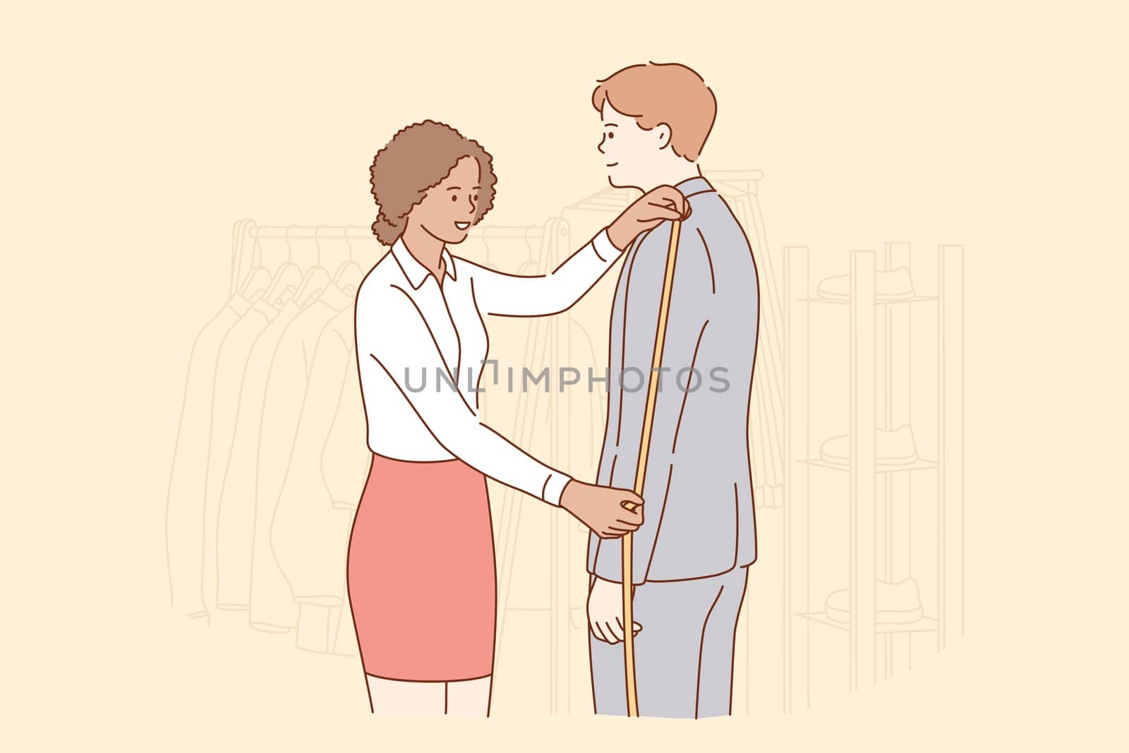 Beauty, fashion, deign, measure concept. Young smiling african american woman designer cartoon character measuring sleeve jacket with tape for businessman guy client. Fashionable service illustration.