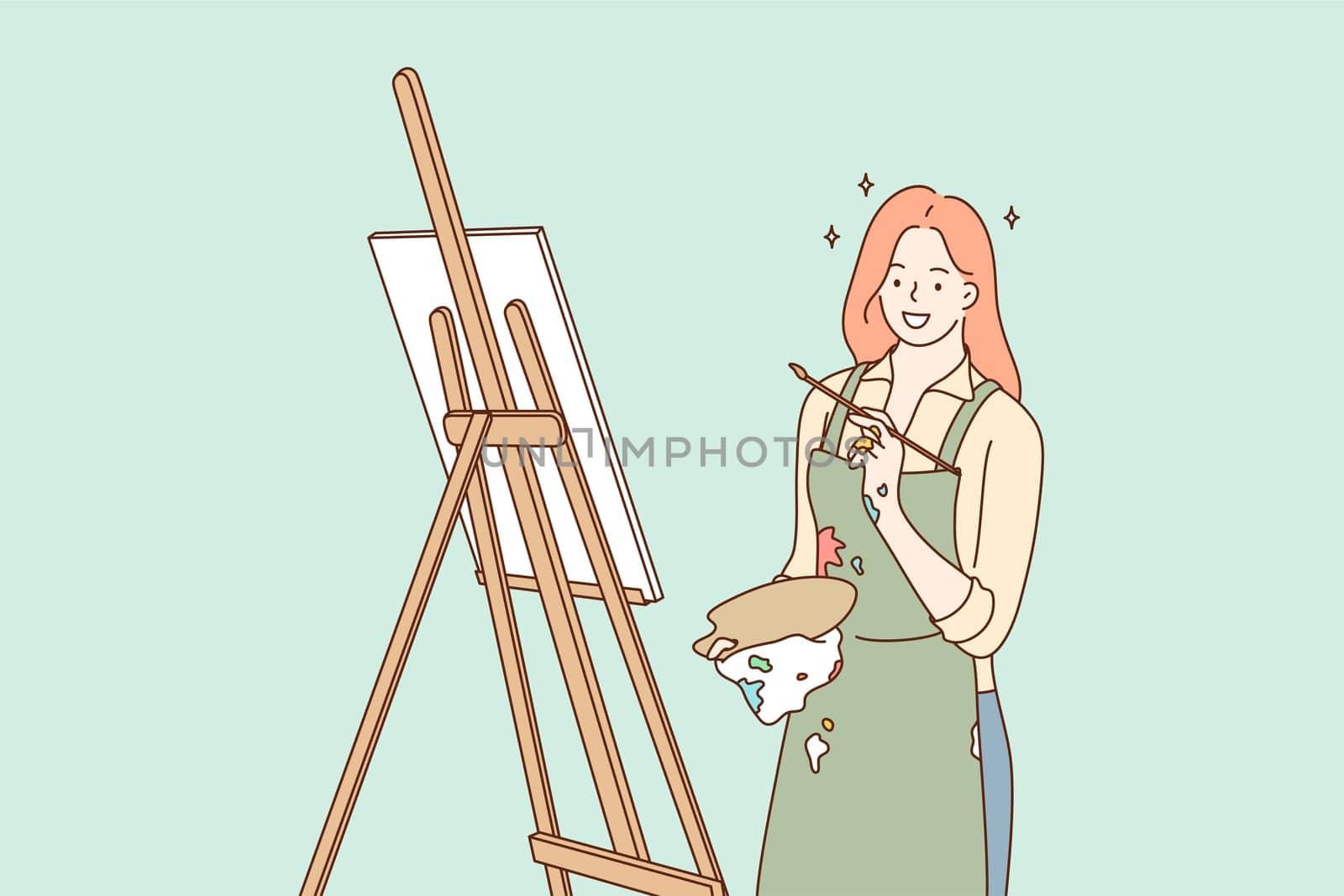 Profession, art, work, creativity concept. Young happy smiling woman girl artist cartoon character works with paintbrush draws paintings or pictures. Creative occupation or leisure hobby illustration.