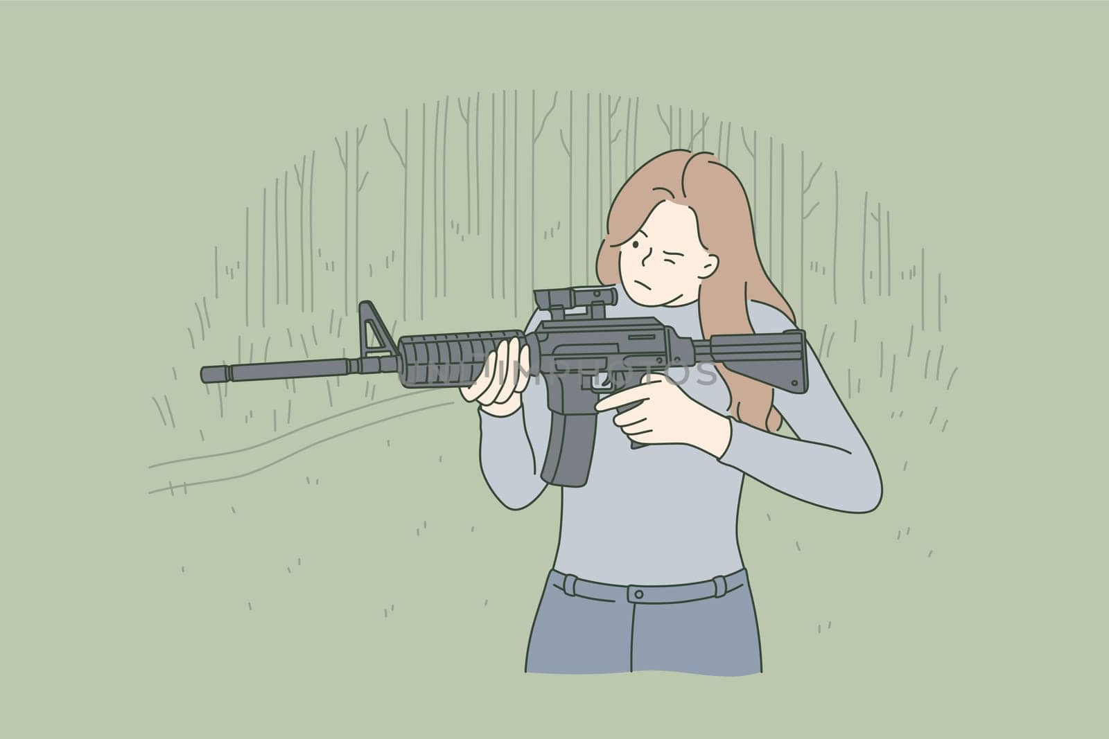 War, training, hunting concept. Young professional woman girl soldier hunter cartoon character aiming and looking through the sight automatic rifle at shooting range. Military service and self defence