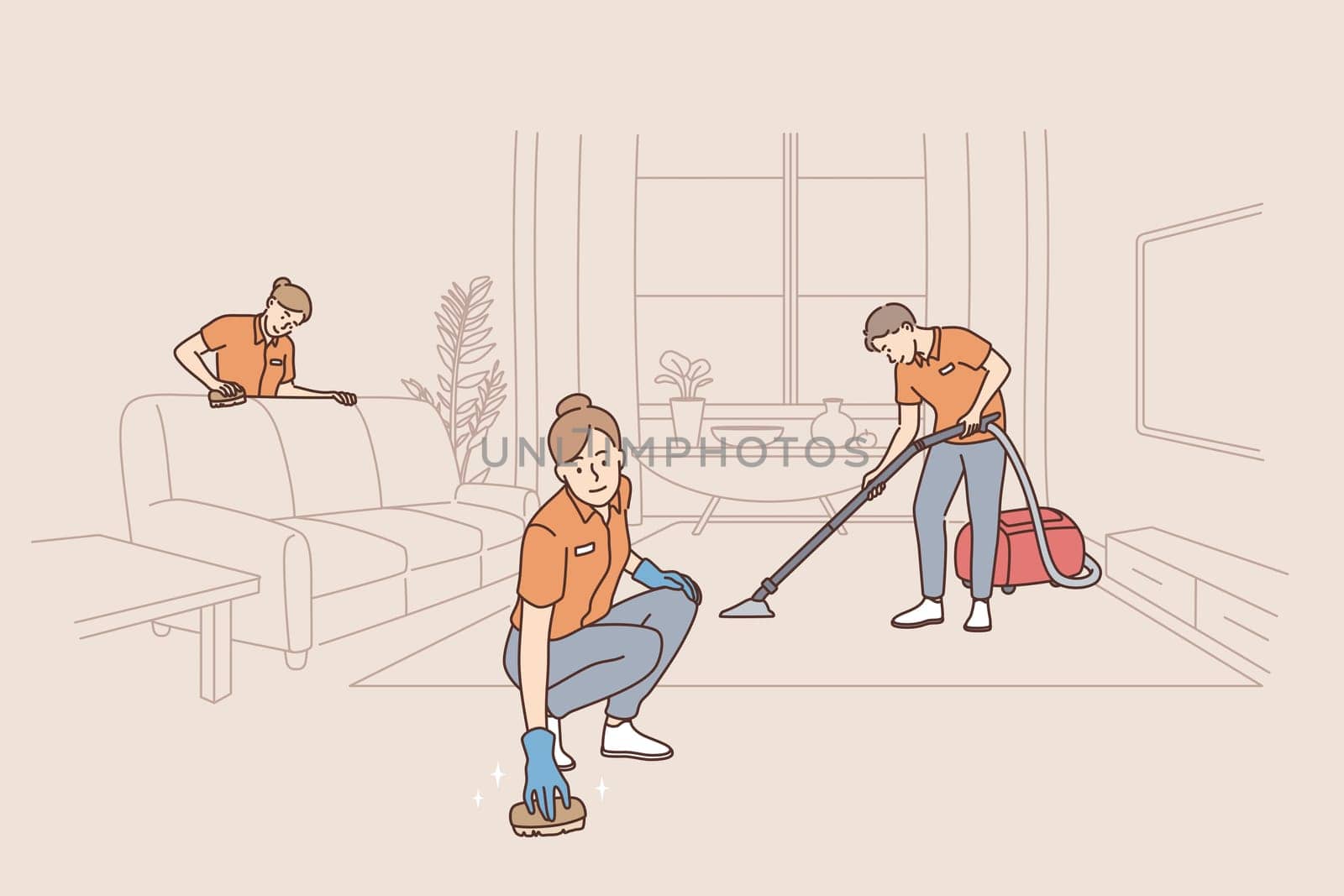 People working as cleaners in service concept. Group pf people workers cleaners tiding up apartment room making cleaning in uniform vector illustration
