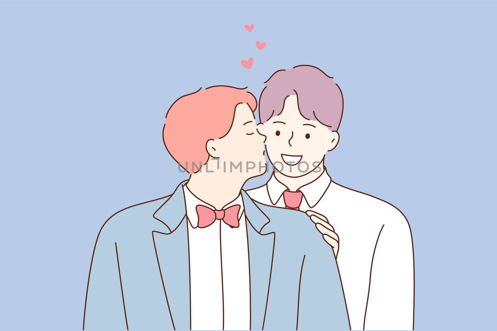 Wedding, love, feeling, lgbt concept. Young happy smiling cheerful newlywed gay coule men boys guys grooms cartoon characters stand together kissing. Celebration of homosexual marriage illustration.