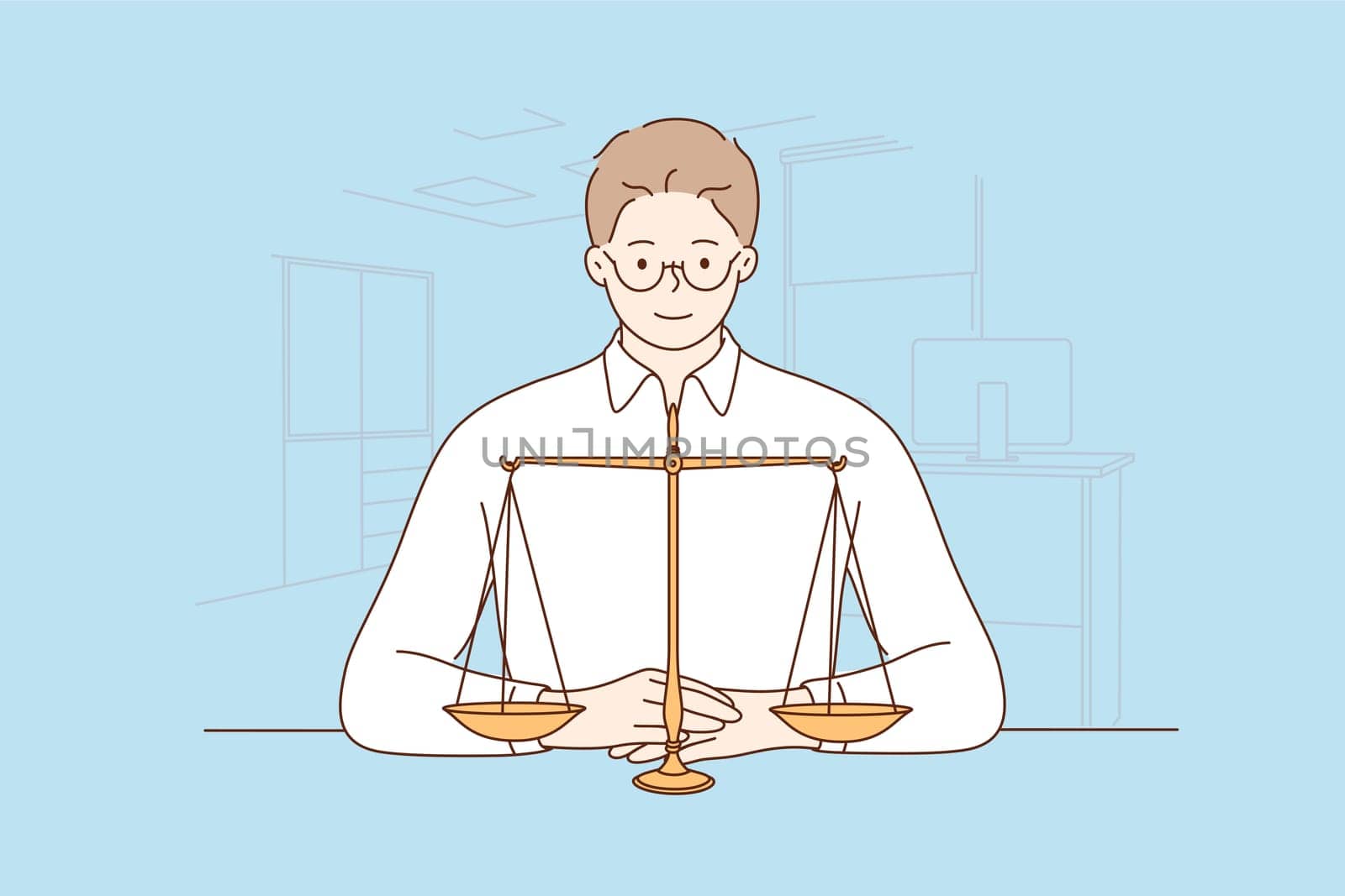 Law, justice, notary, work concept. Young happy smiling man guy clerk manager lawyer attorney judge sitting near scale demonstrating guilty weight. Court authority and judicial system illustration.