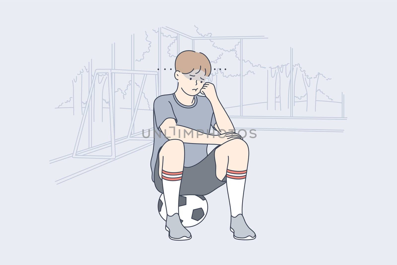 Sport, game, football, depression, frustration, mental stress concept. Young unhappy depressed frustrated sad boy child kid soccer player sitting on ball. Active recreation or loneliness illustration.