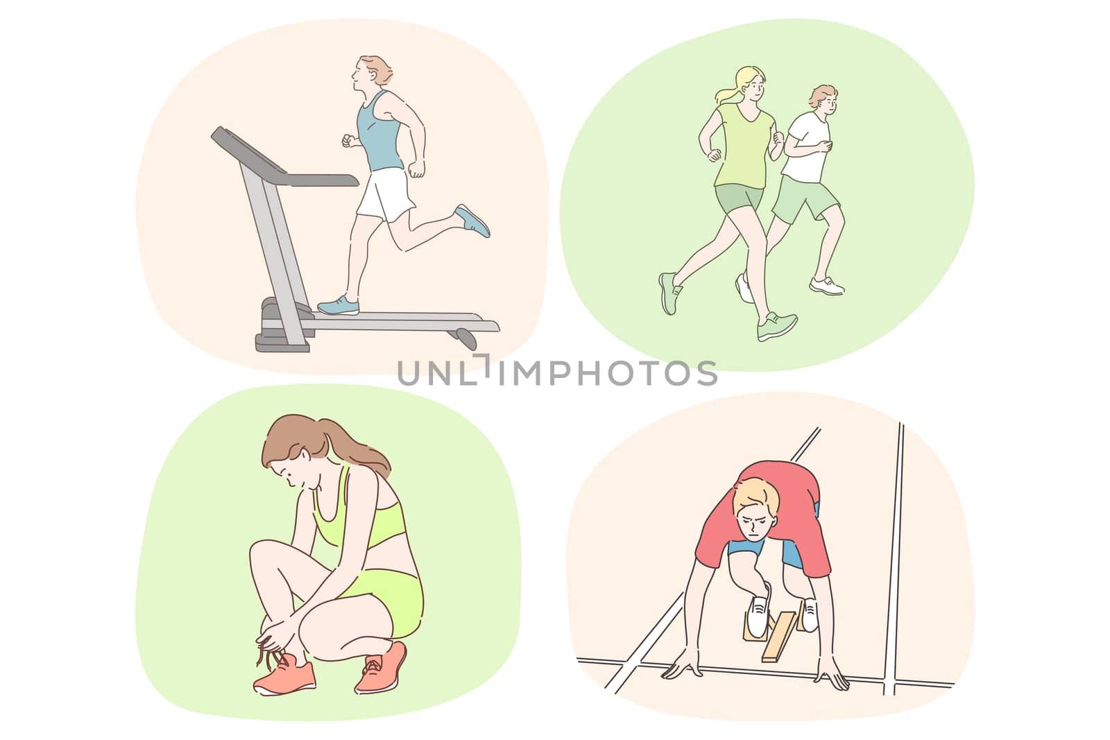Running, healthy active lifestyle, sport, athletics, workout concept. Young sportsmen cartoon characters practicing running and jogging training on treadmill in gym and outdoors in park