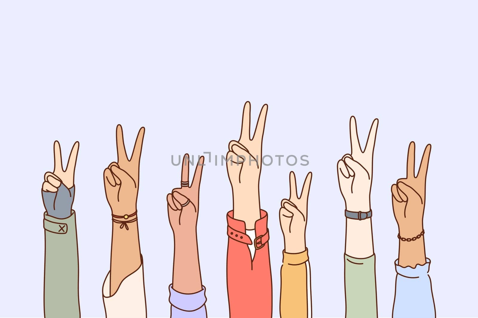 Peace, protest, pacifism, multiethnicity concept set. Collection of human male female cartoon characters hands raising two fingers or peaceful sign in air. Multiracial solidarity and pacifist symbol.
