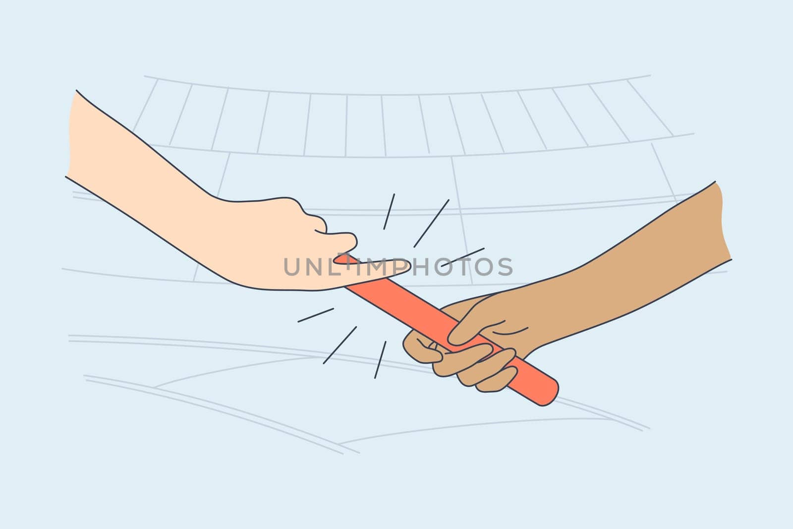 Sport, athletics, championship, race concept. Human cartoon character african american hand gives passing baton to male female partner athelte runner arm. Active lifestyle and competition illustration