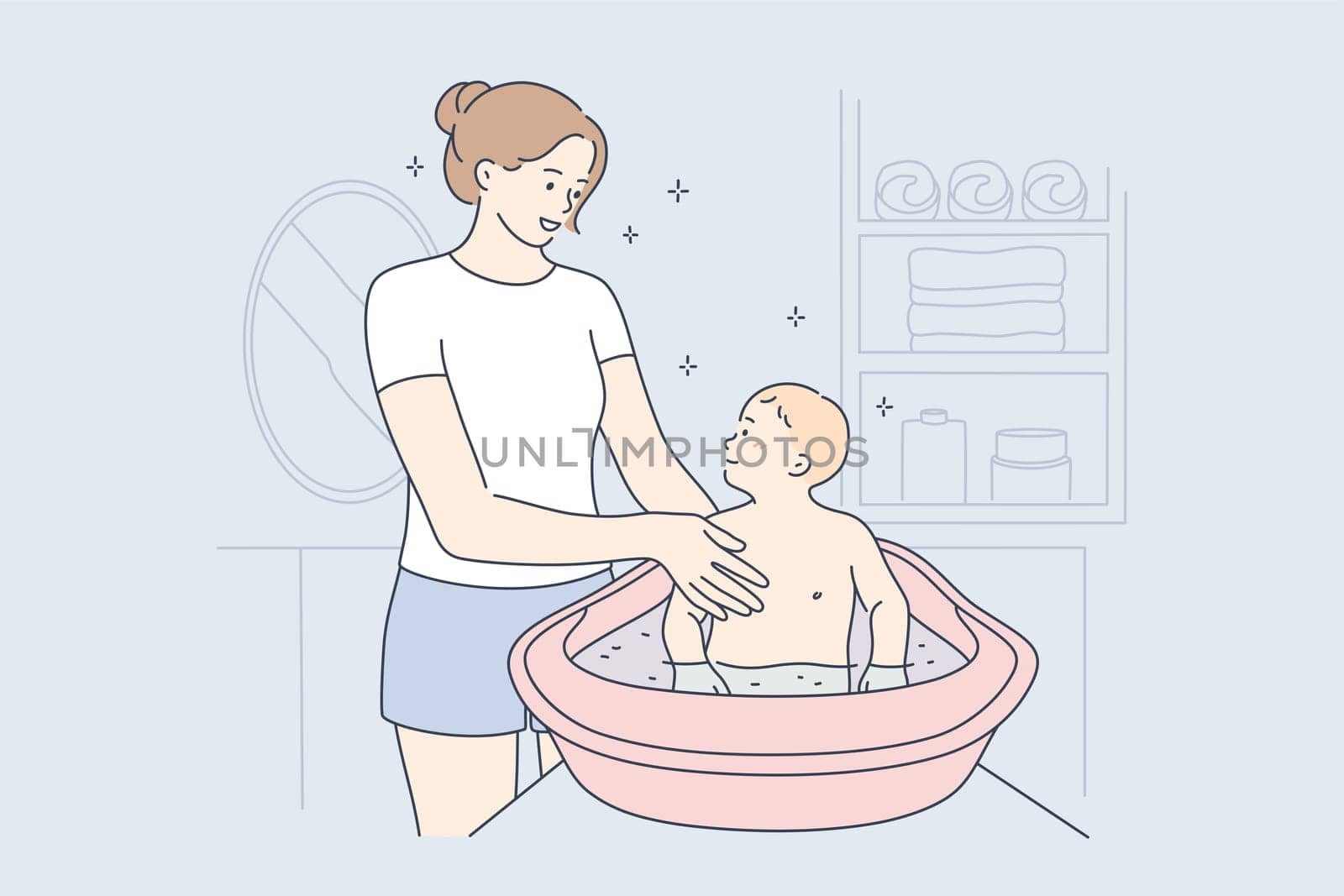 Motherhood, childhood, halth, care, love concept. Young happy smiling woman mom cartoon character washing baby infant toddler child kid son in bathroom. Mothers day and domestic life illustration.