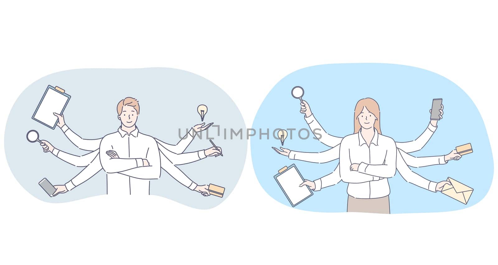 Multitasking in business and office work concept. Young smiling man and woman business people office workers standing between variety of tasks for working day and feeling confident