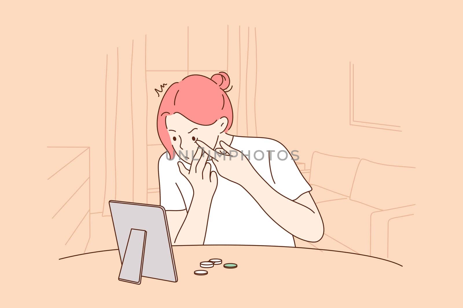 Health, care, medicine, allergy concept. Young worried sick ill allergic woman girl cartoon character with contact lens sitting rubbing swollen eyes. Dry eye syndrome and medical care illustration