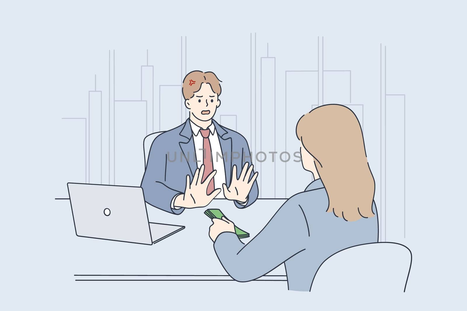 Business frauds, bribes and illegal business concept. Businessmen refusing to take dollars bribe from woman partner during meeting in office in signing contract and making corruption illustration
