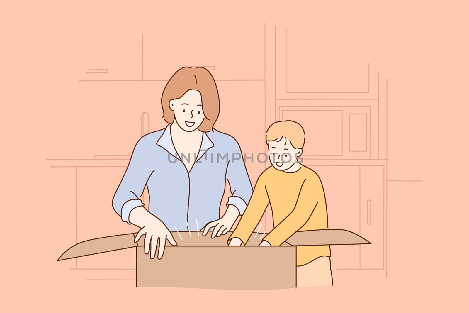 Childhood, motherhood, holiday, celebration concept. Young happy woman mother and child kid son cartoon characters unpacking gift boxex celebrating new year or wrapping christmas presents illustration