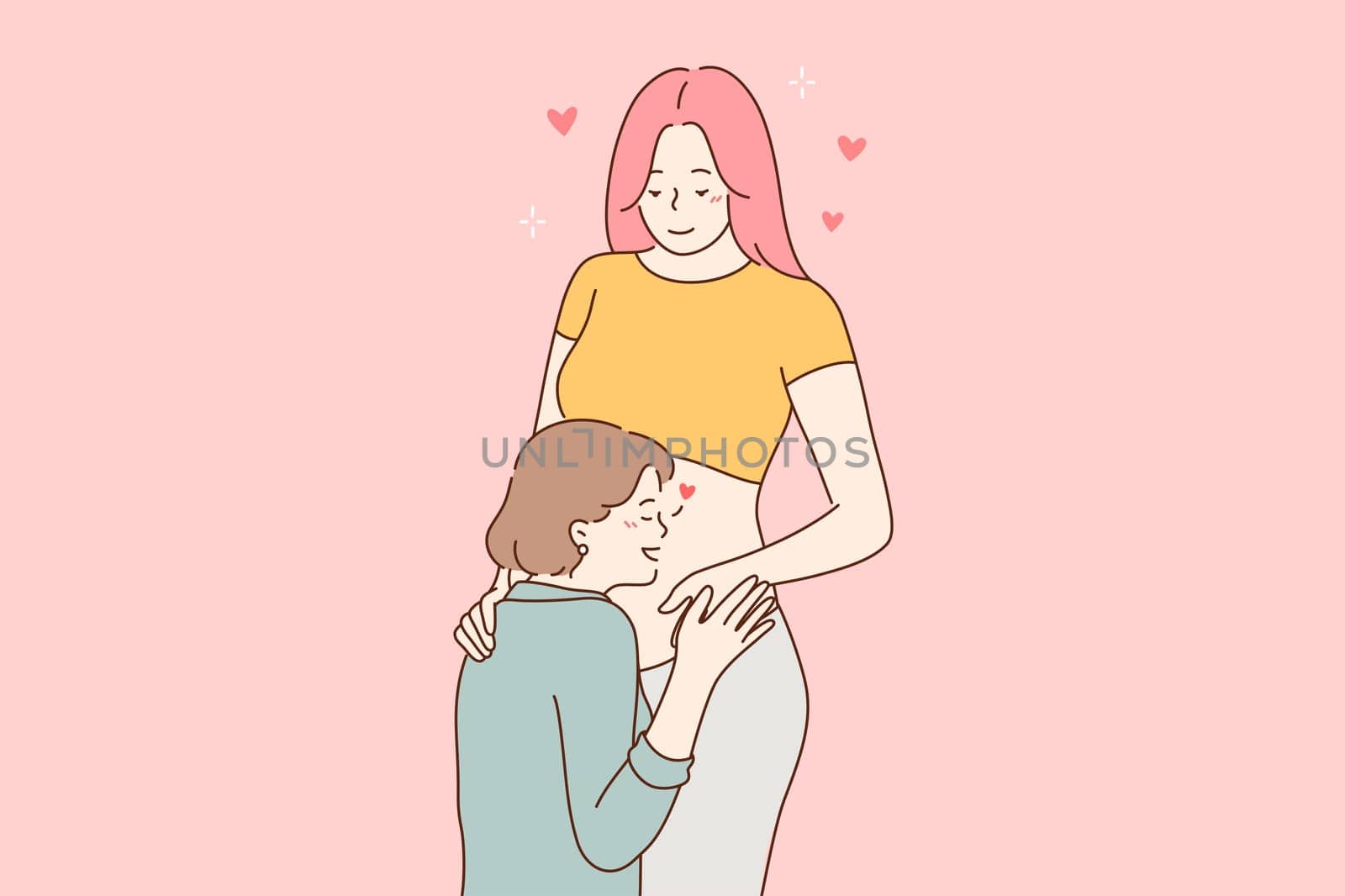 Love, couple, pregnancy, lgbtq concept. Young woman girl lesbian cartoon character kissing stomach of pregnant homosexual girlfriend wife partner. Good news and motherhood happiness illustration.