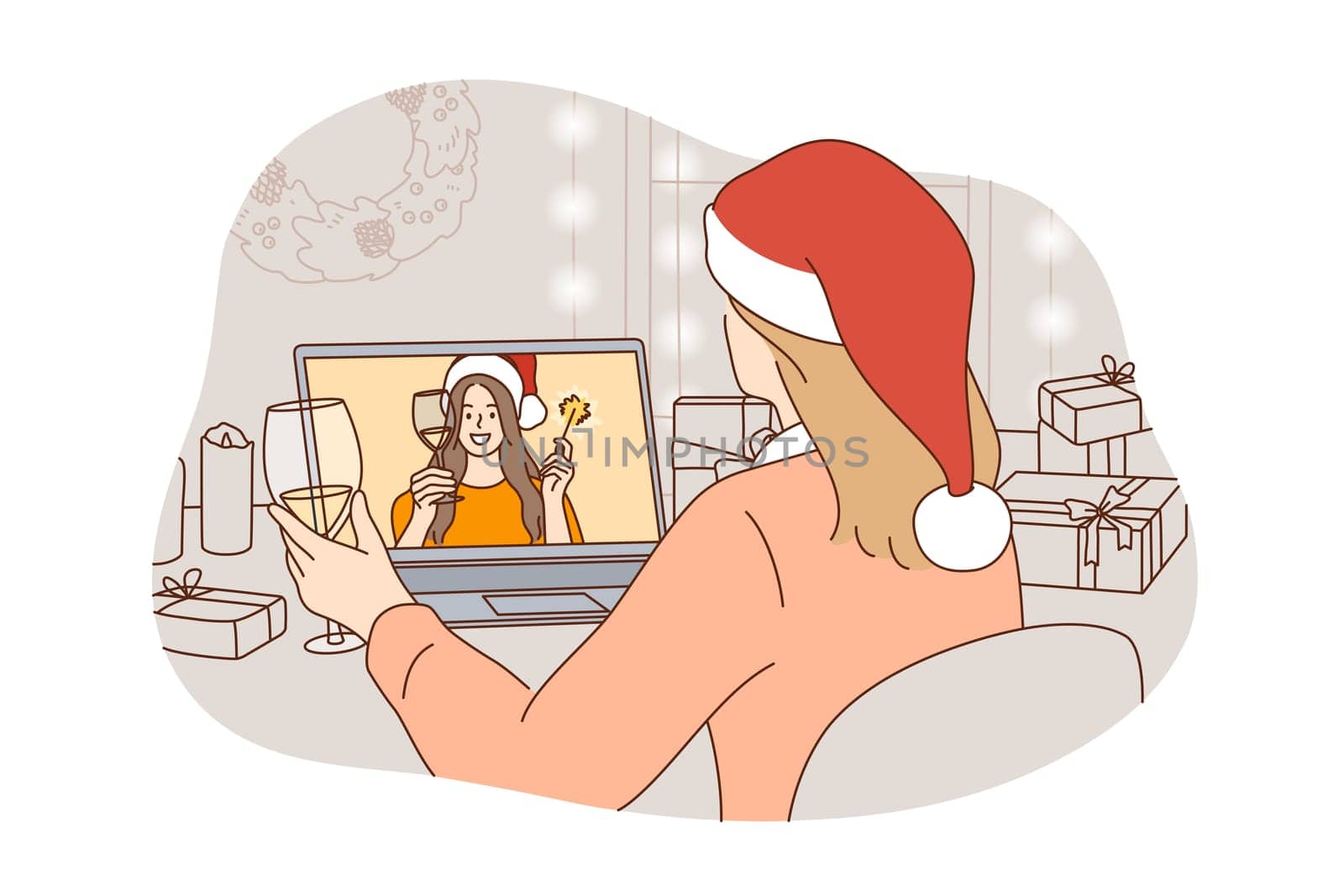Christmas, New Year online celebrating during lockdown concept. Young woman in festive hat and glass of champagne celebrating winter holidays online on laptop with friend during quarantine pandemic