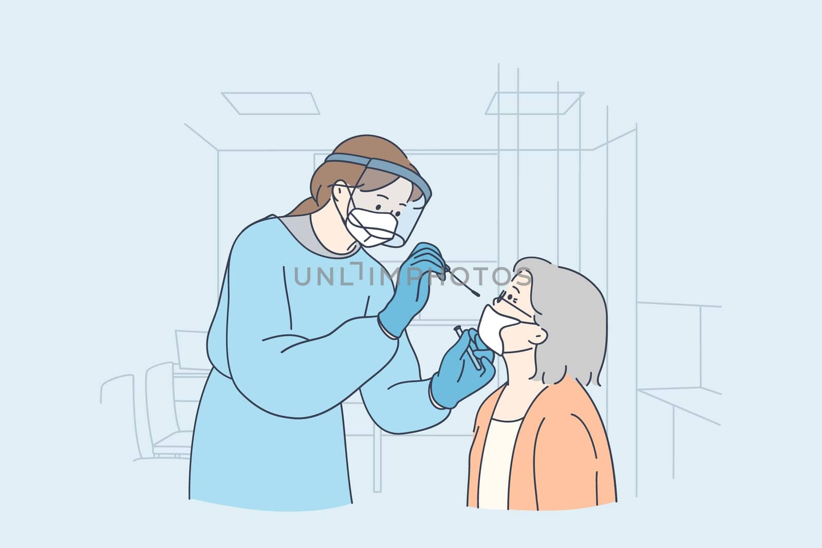 Healthcare and medical testing for COVID-19 concept. Professional medical worker woman nurse wearing personal protective equipment testing senior woman for dangerous disease using test stick