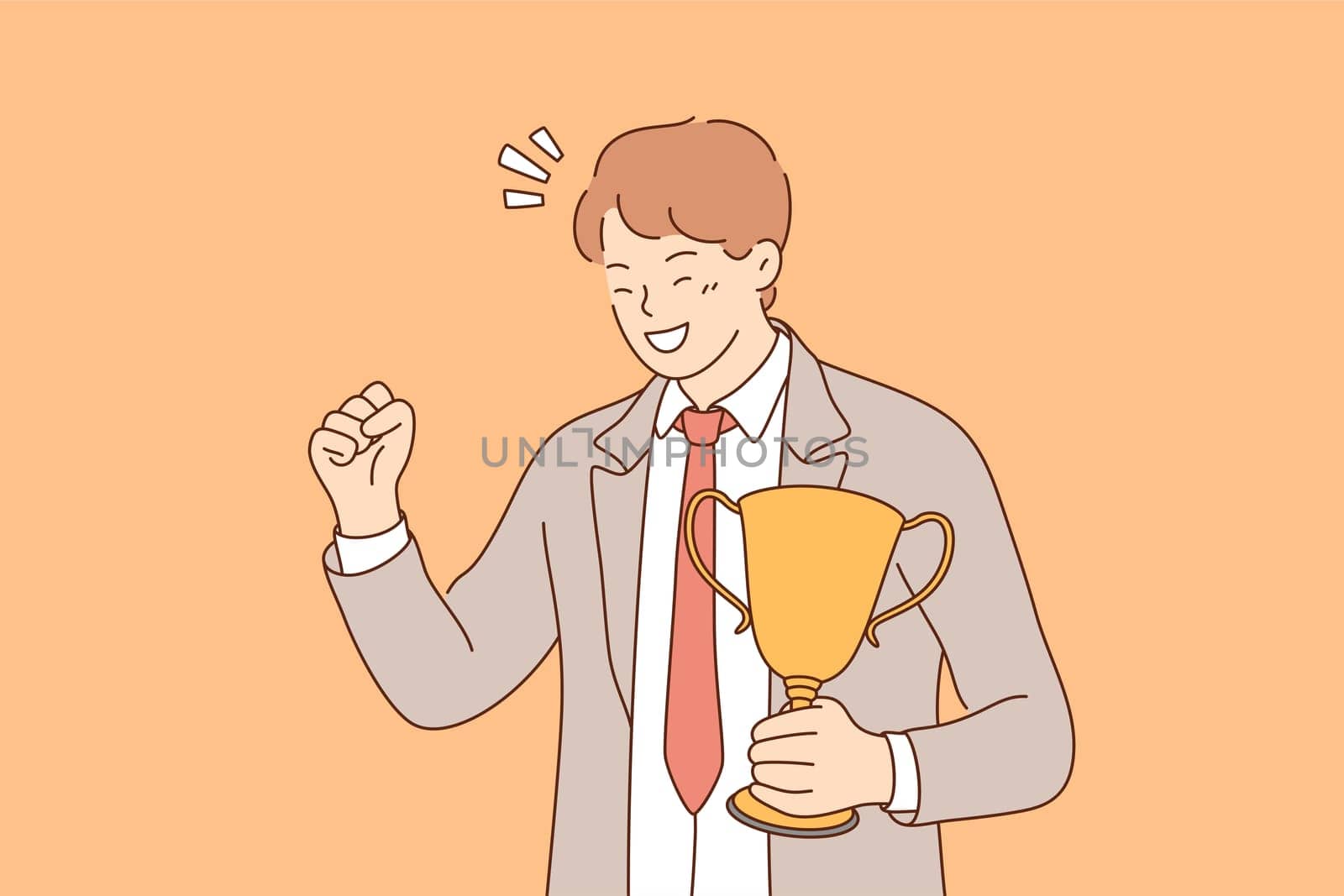 Success, celebration, win, goal achievement, business concept. Happy smiling young businessman clerk leader stands with cup, celebrating victory. Reaching purposes and winning competition illustration