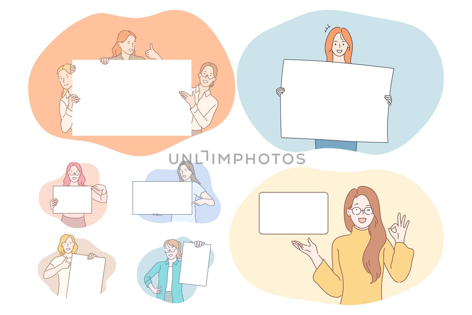Demonstration, promotion, advertisement concept. Young positive cartoon characters holding and pointing with fingers at white blank placard with copy space for text and advertising isolated over white