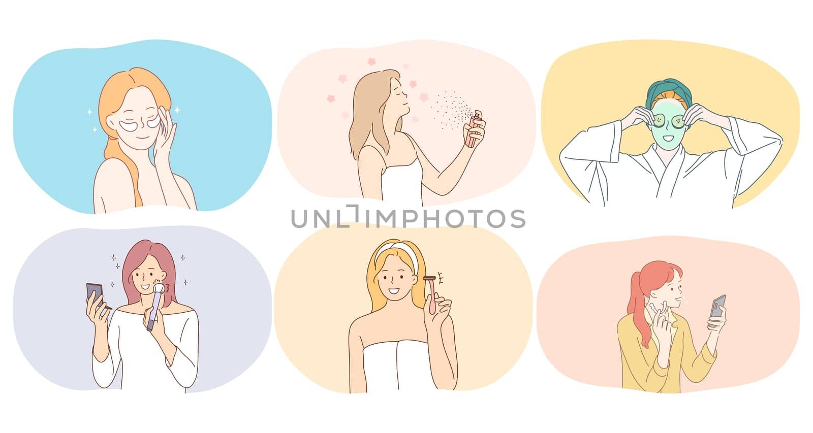 Cosmetics, make up, beauty concept. Young smiling women cartoon characters using face cream, hair spray, beauty masks, eye patches, razor for shaving doing make up illustration